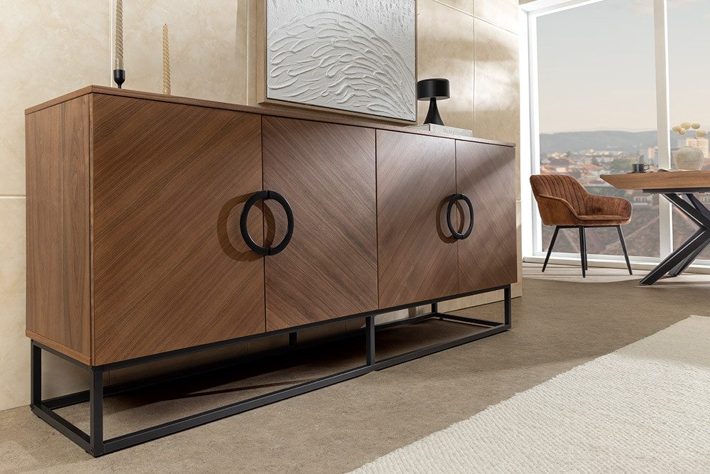 riess-ambiente Sideboard GRANDEZZA 180cm natur schwarz – Walnuss, Metall, Industrial, Furnier (Einzelartikel, 1 St), große Kommode mit Türen & Fächern – ideal für Wohnzimmer im Loftstil