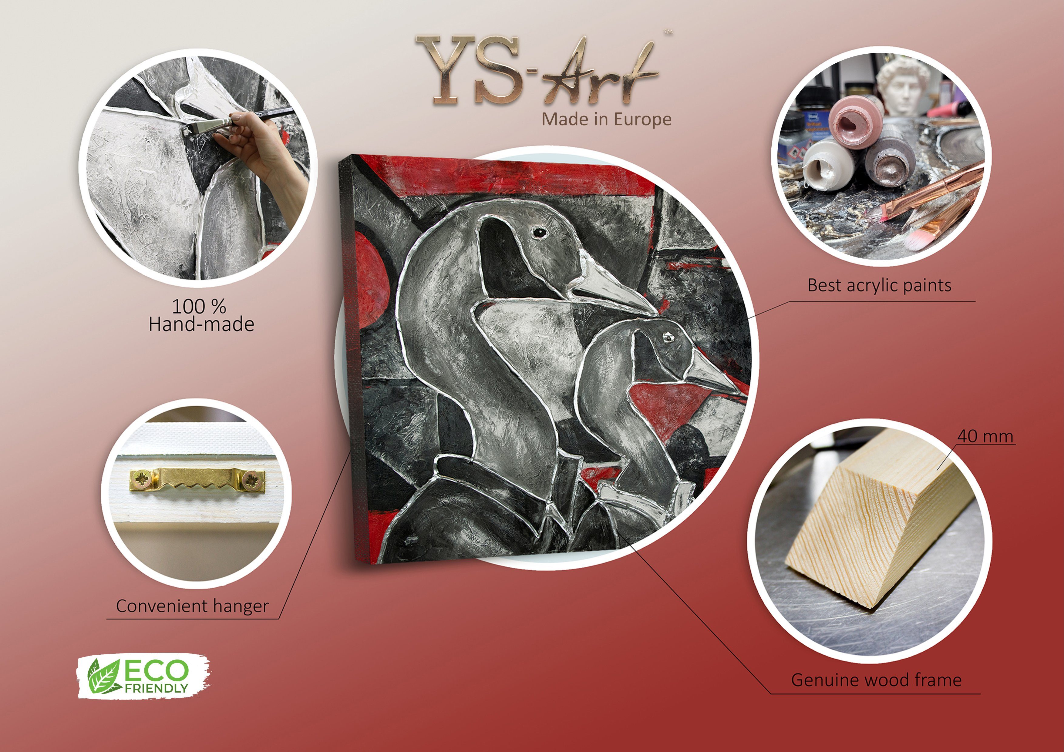 Gemälde YS-Art Gans II, Bild Tiere Handgemalt Glasmalerei Schwarz Tiere, Rot Leinwand