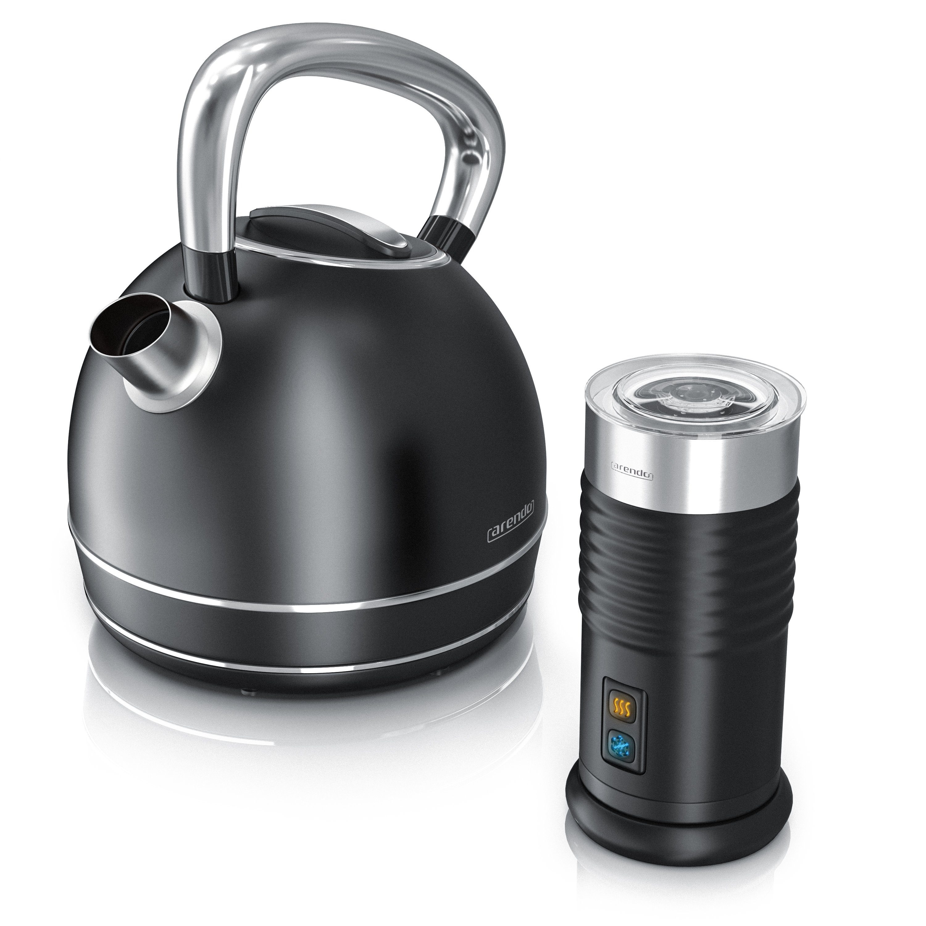 Arendo Frühstücks-Set (2-tlg), Wasserkocher 1,7l & Milchaufschäumer, Edelstahl, Matt Schwarz