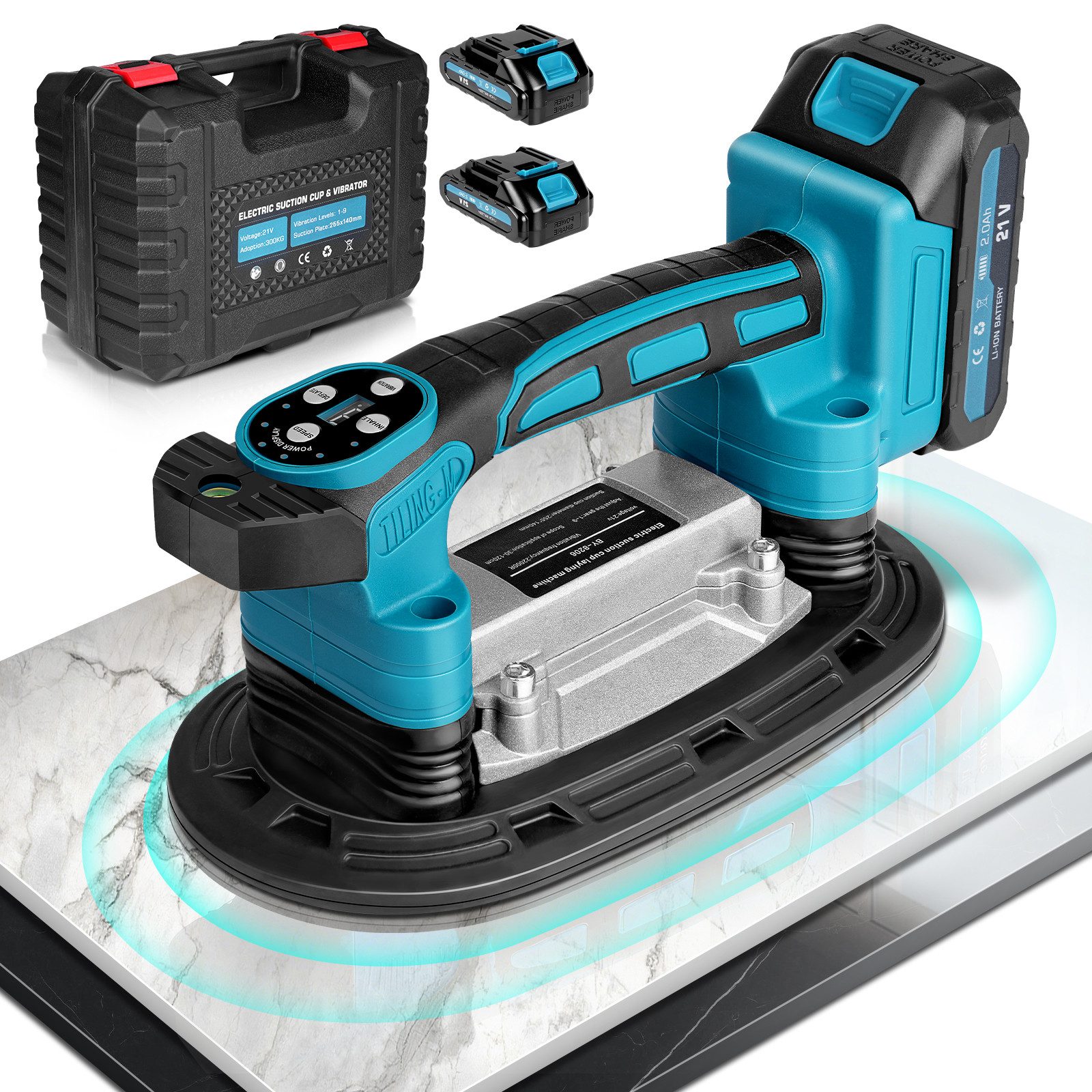 XERSEK Akku-Multifunktionswerkzeug Elektrische Fliesenleger Maschine Fliesenvibrator Fliesenrüttler, 250kg Tragkraft, 9 Gang, mit 2x2.0Ah Akku, 225 * 120mm Saugnapf, Fliesen Vibrationsgerät, Maschine für 0.3-1.8m Wand Bodenfliesen