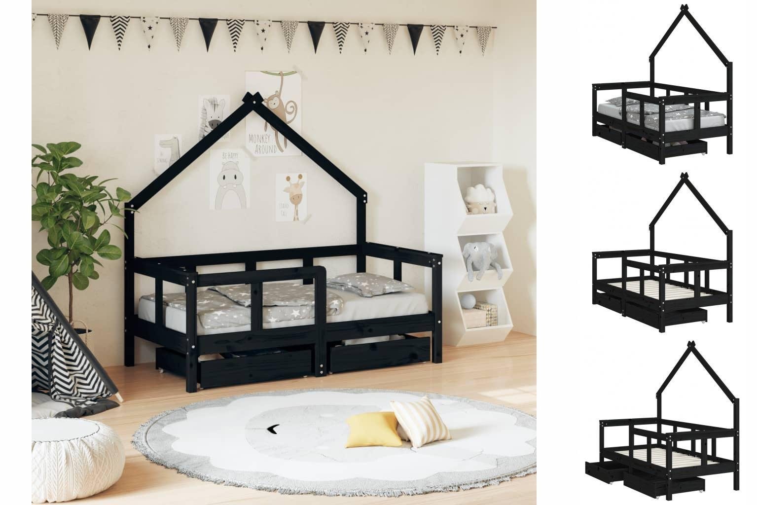 vidaXL Kinderbett Kinderbett mit Schubladen Schwarz 70x140 cm Massivholz Kiefer