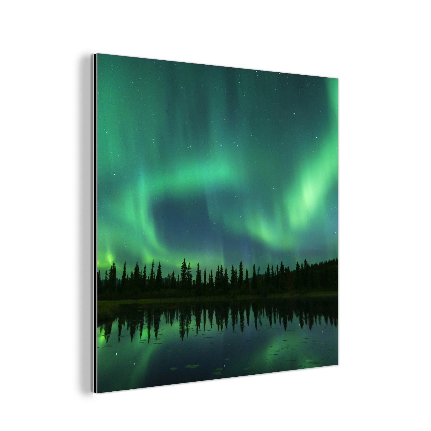 MuchoWow Metallbild Nordlicht - Bäume - Wasser - Alaska, (1 St), Alu-Dibond-Druck, Gemälde aus Metall, Aluminium deko