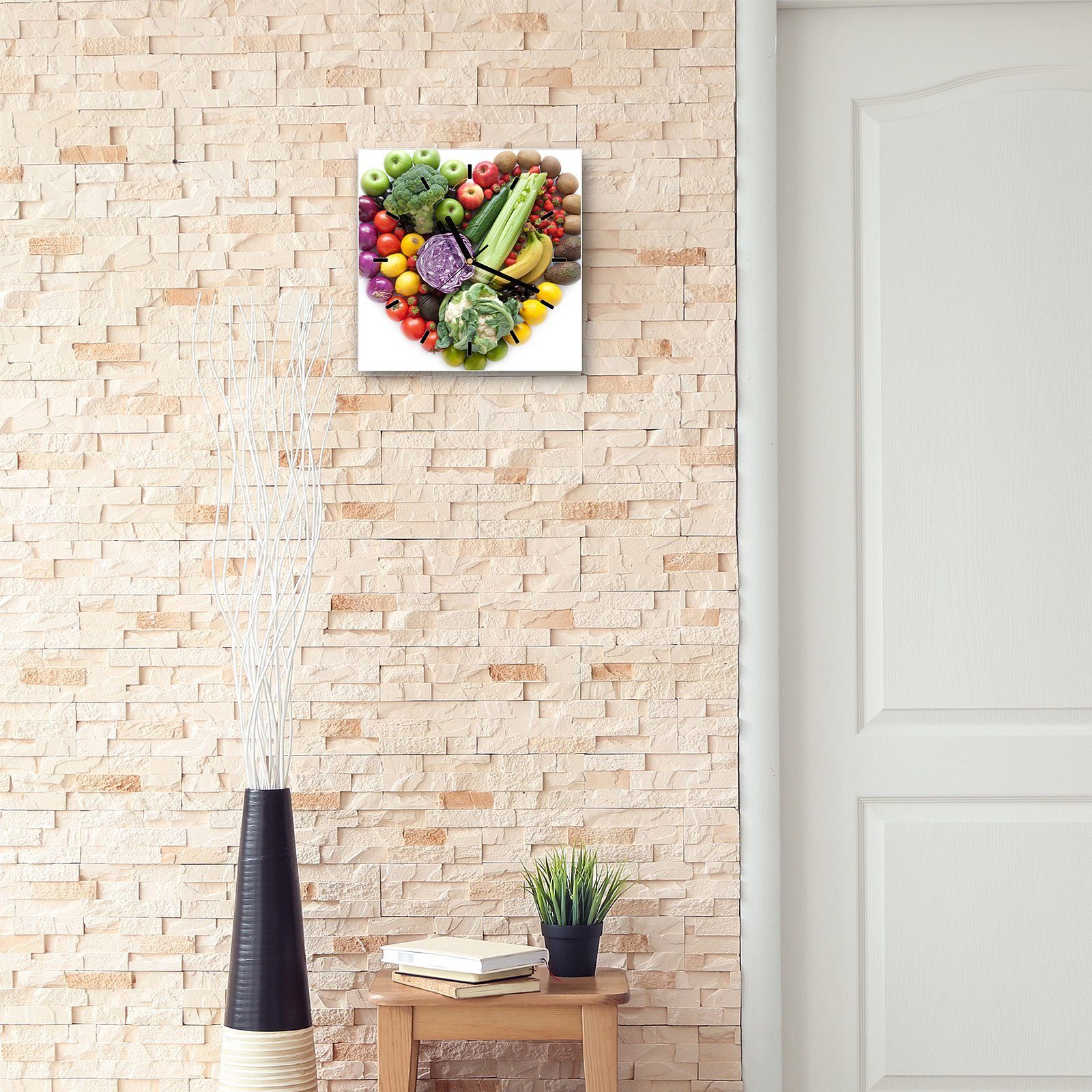 Primedeco Wanduhr Glasuhr Wanduhr Wandkunst Motiv aus cm 30 30 Größe Herz x Gemüse mit