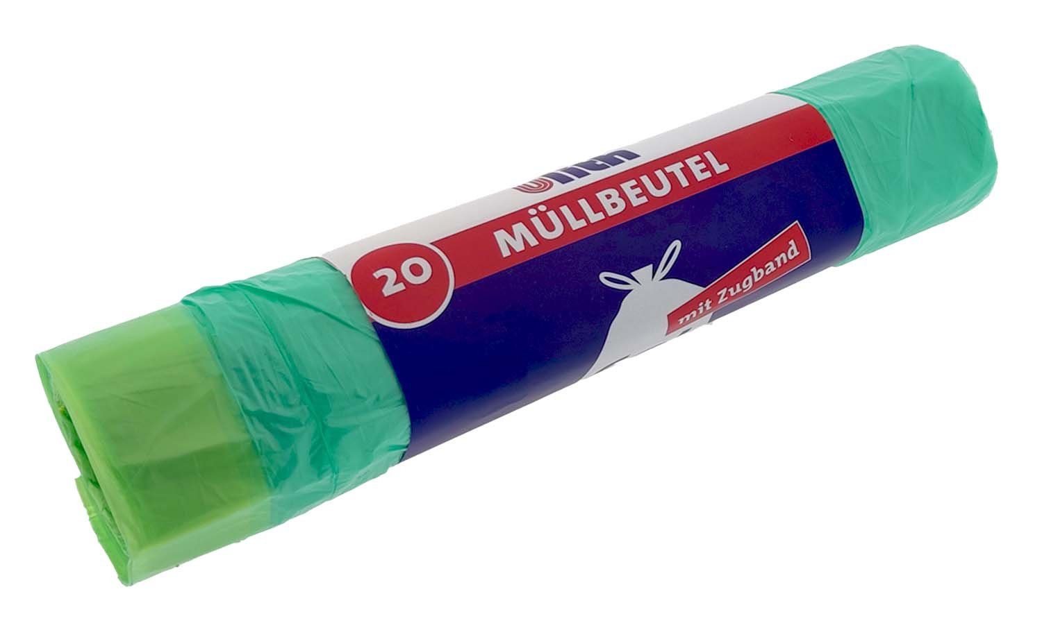 Ulith Müllbeutel Müllbeutel 60L Grün Zugband 20 Stück, Zubehör für Mülleimer, Abfallbeutel Mülltüte Tüte Beutel Bag Sack Säcke Abfalltüte