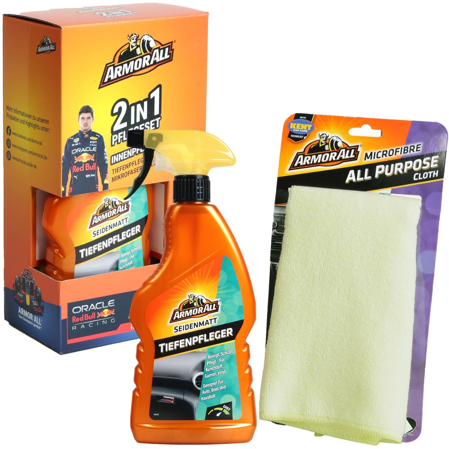 Armor All 2in1 Set Tiefen-Pfleger 500ml + Tuch Kunststoffreiniger (Spar-Set, [- 2in1 Pflegeset Auto Kunststoff-Reiniger Cockpit-Pflege Armatur Tuch Innen-Reinigung)