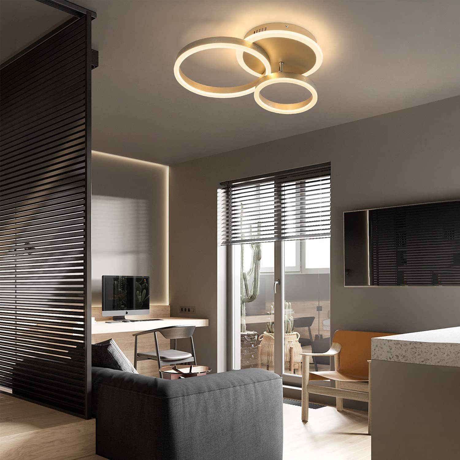 Fernbedienung innen modern LED fest dimmbar Wohnzimmer, 3 Deckenleuchte Ring integriert LED ZMH