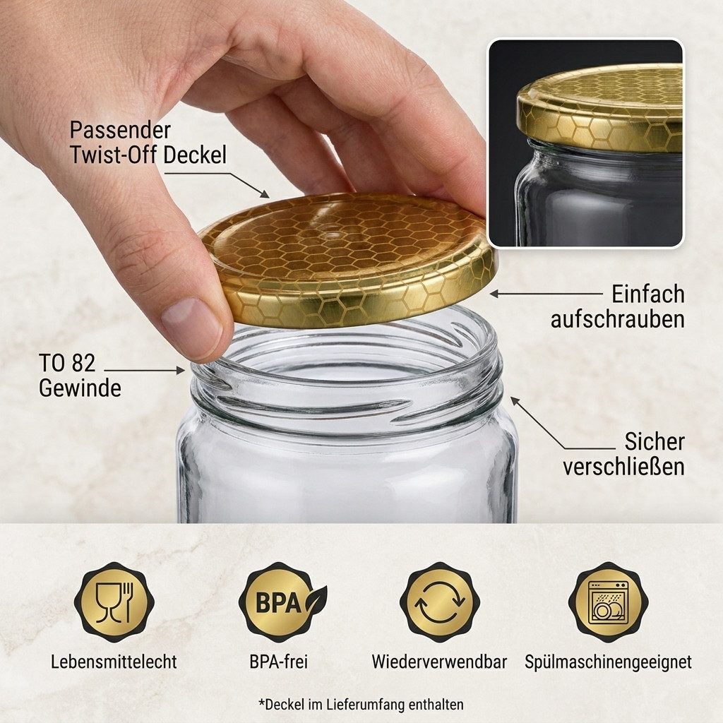 gouveo Honigglas 500g mit Schraub-Deckel - Leere Vorratsgläser 405 ml für Honig, Metall TO82 Bienenwabe, (24-tlg) – Bild 4 von 5