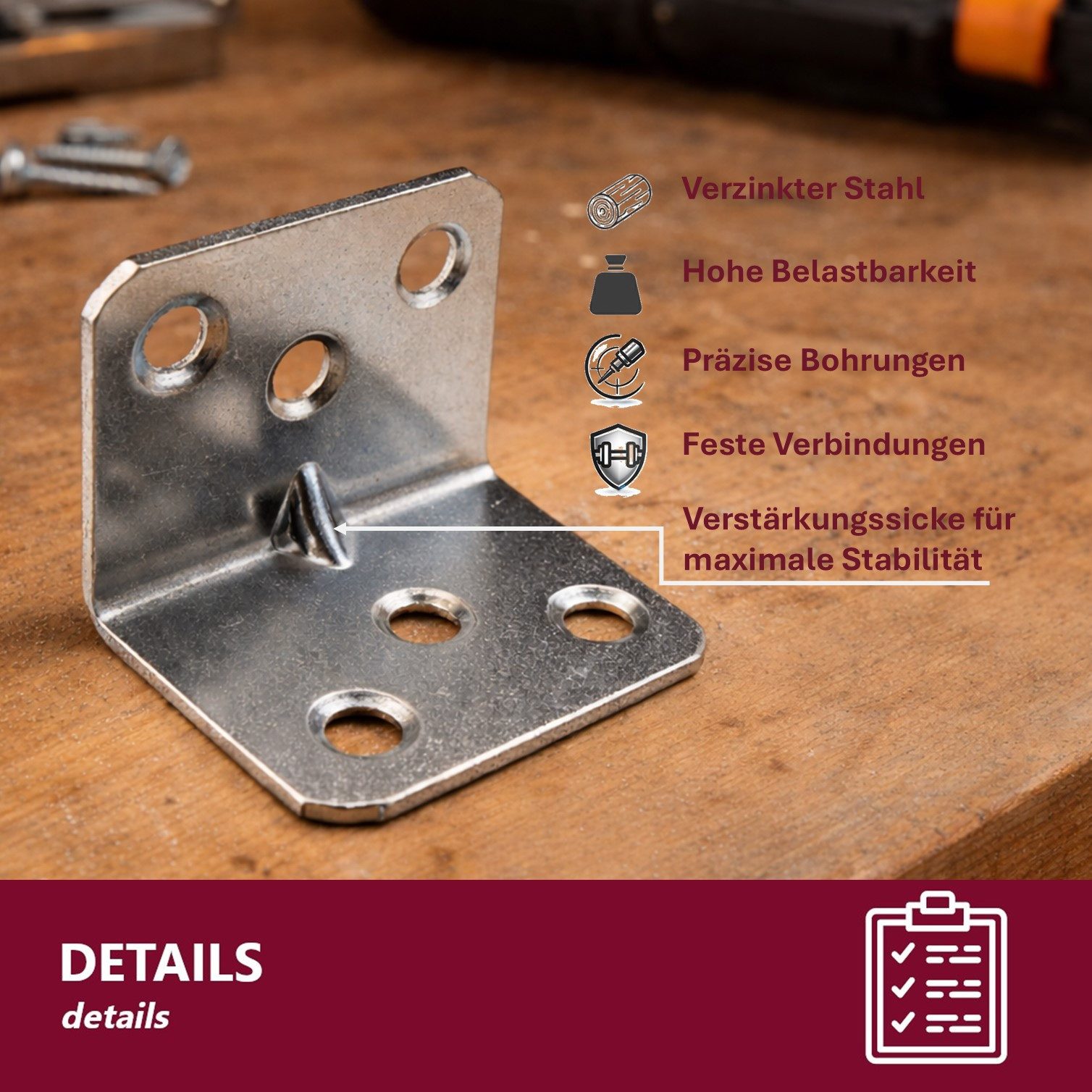 HOOZ Winkelverbinder Balkenverbinder Set 30 mm verzinkter Stahl für Innen & Außen 30 Stück, LxB: 36x30 mm, verzinkt, (L-Winkel für Holz, 30-St., Lochwinkel), St – Bild 3 von 5