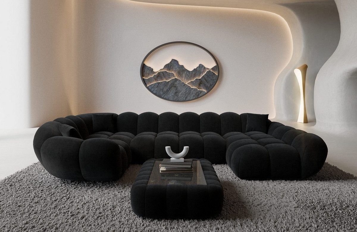 Sofa Dreams Wohnlandschaft Maleron U Form Design Stoffsofa, Stoff Polsterecke, 6-Sitzer, Ottomane rechts, Samtstoff Schwarz