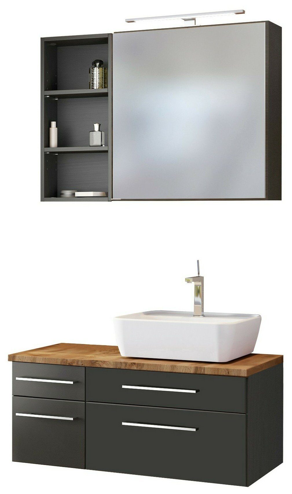 HELD MÖBEL Badmöbel-Set Waschtisch-Set Davos 90 cm -G- (rechts) graphit/matt grau