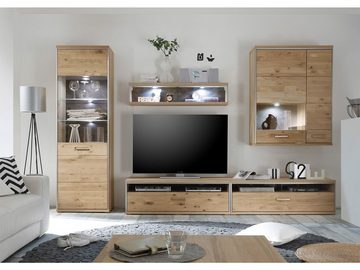 möbelando TV-Board Medina, Modernes TV-Lowboard, Front aus Massivholz in geölter Asteiche Bianco, Korpus aus Spanplatte außen funiert in Eiche Bianco, innen Eiche Bianco Nachbildung, Korpusabsetzung aus Metall in Edelstahloptik mit 1 Schubkasten und 2 offenen Fächern. Breite 124 cm, Höhe 41 cm, Tiefe 52 cm.