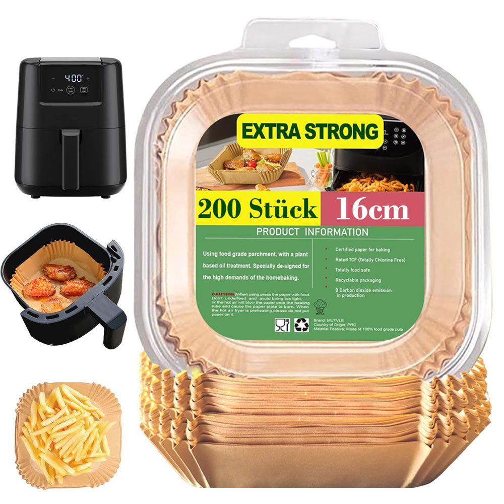 SURFOU Backpapier für Heißluftfritteuse-3–5L, Air Fryer Backpapier 16 cm-100/200 Stück, Antihaft & ölfestes Backpapier – Ø16 cm, Höhe 4,5 cm, Quadratisch