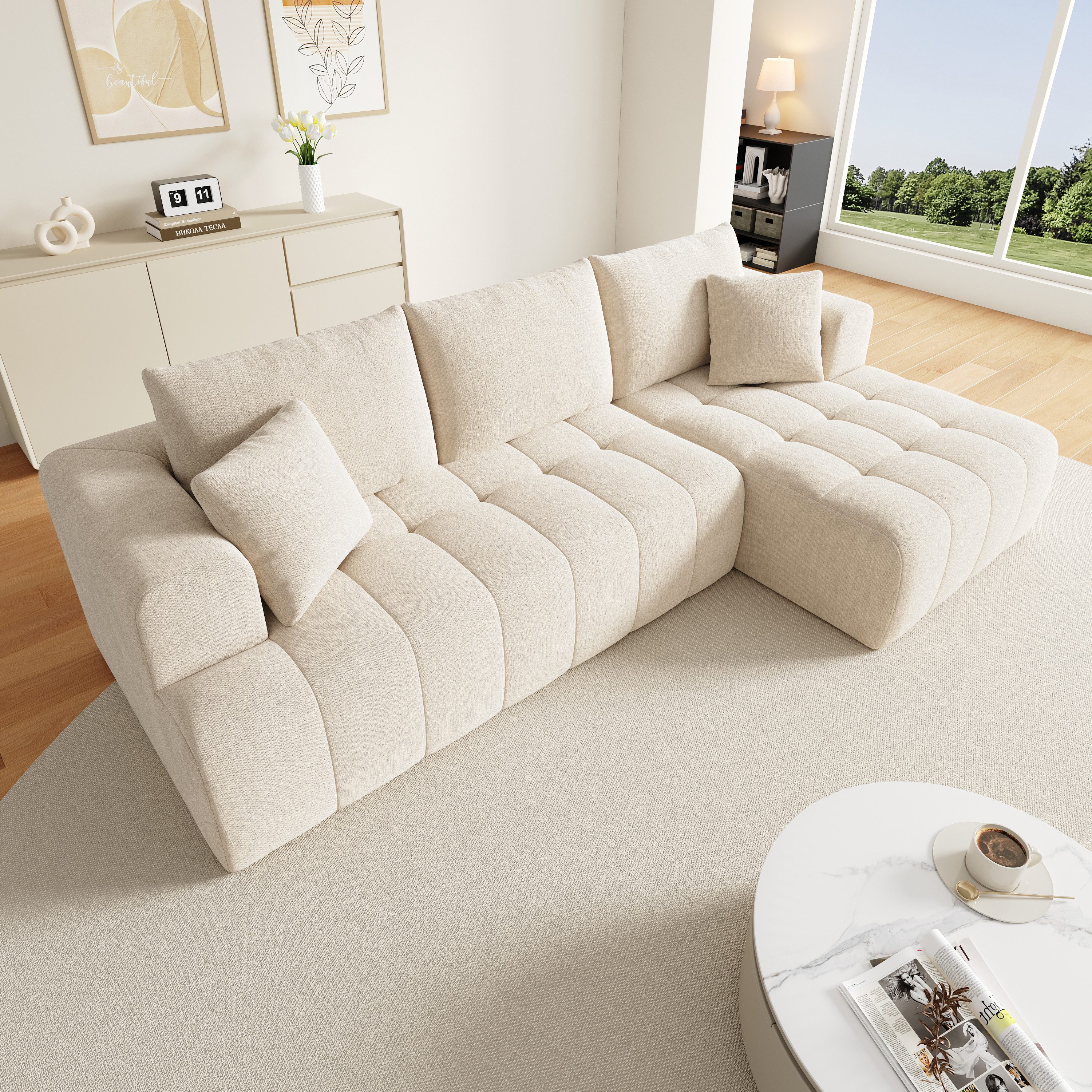 Merax Ecksofa L-förmiges Cloud-Sofa in Bodennahes Design, Rahmenloses Ecksofa, 1 Teile, Modulares Sofa mit 3 Rückenkissen, 2 Zierkissen & 2 Armlehnen,Chenille