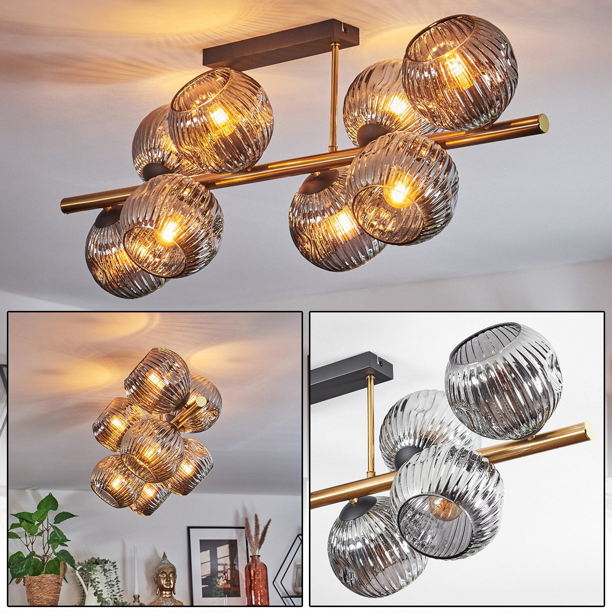 hofstein Deckenleuchte Deckenlampe aus Metall/Riffelglas in Schwarz/Gold-/Rauchfarben, ohne Leuchtmittel, Deckenleuchte im Retro/Vintage-Design (Schirme Ø 15 cm), 8 x E14