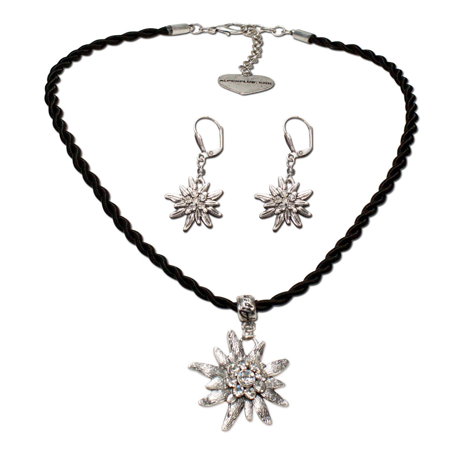 Ketten-Set Trachtenschmuck-Set Kordel-Trachtenkette und Ohrhänger Strass-Edelweiß (schwarz)