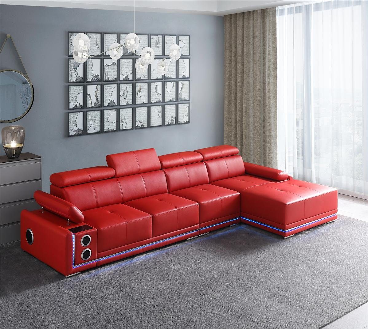 JVmoebel Ecksofa Couch Beleuchtete Leder Ecksofa L Form Sound Led Boxen, Made in Europe Rot