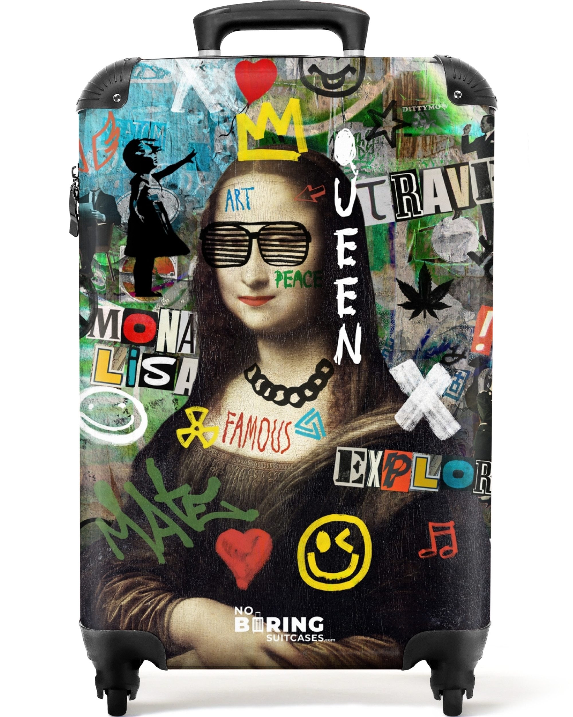 NoBoringSuitcases.com© Hartschalen-Trolley Mona Lisa umgeben von bunten Graffiti 55x35x20cm, 4 Rollen, Reisetasche mit Rollen, Koffer Handgepäck Flugzeug