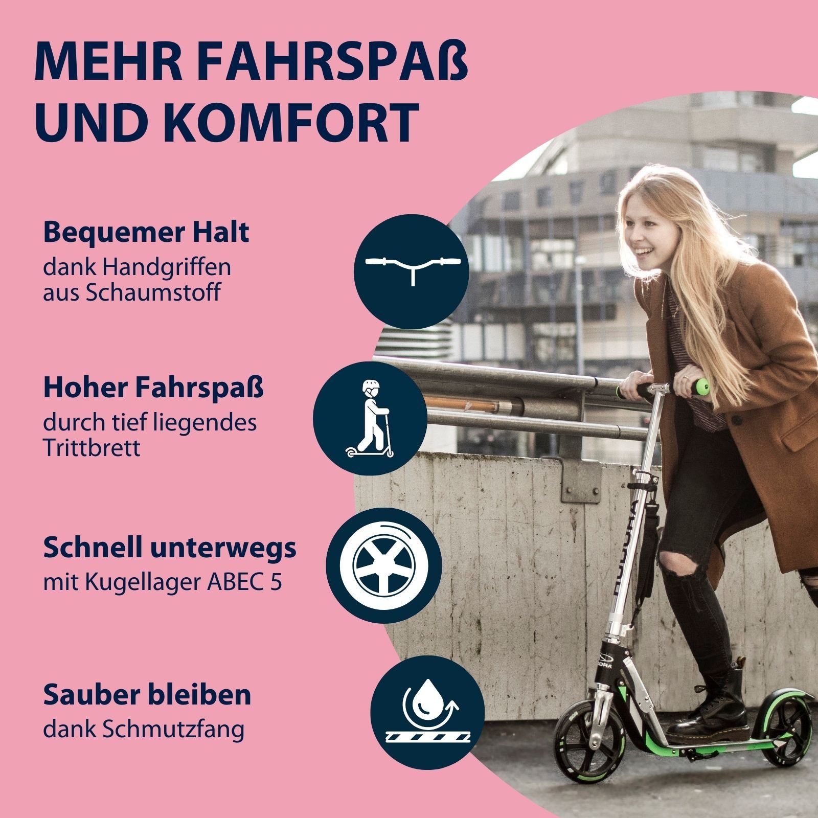 Hudora Cityroller BigWheel® 205 Tretroller - Höhenverstellbar & zusammenklappbar, (Kinder- & Erwachsenenroller für bis zu 100kg - Tretroller mit Ständer, Stabiler Aluminium-Roller), einklappbarer, höhenverstellbarer Kick-Scooter