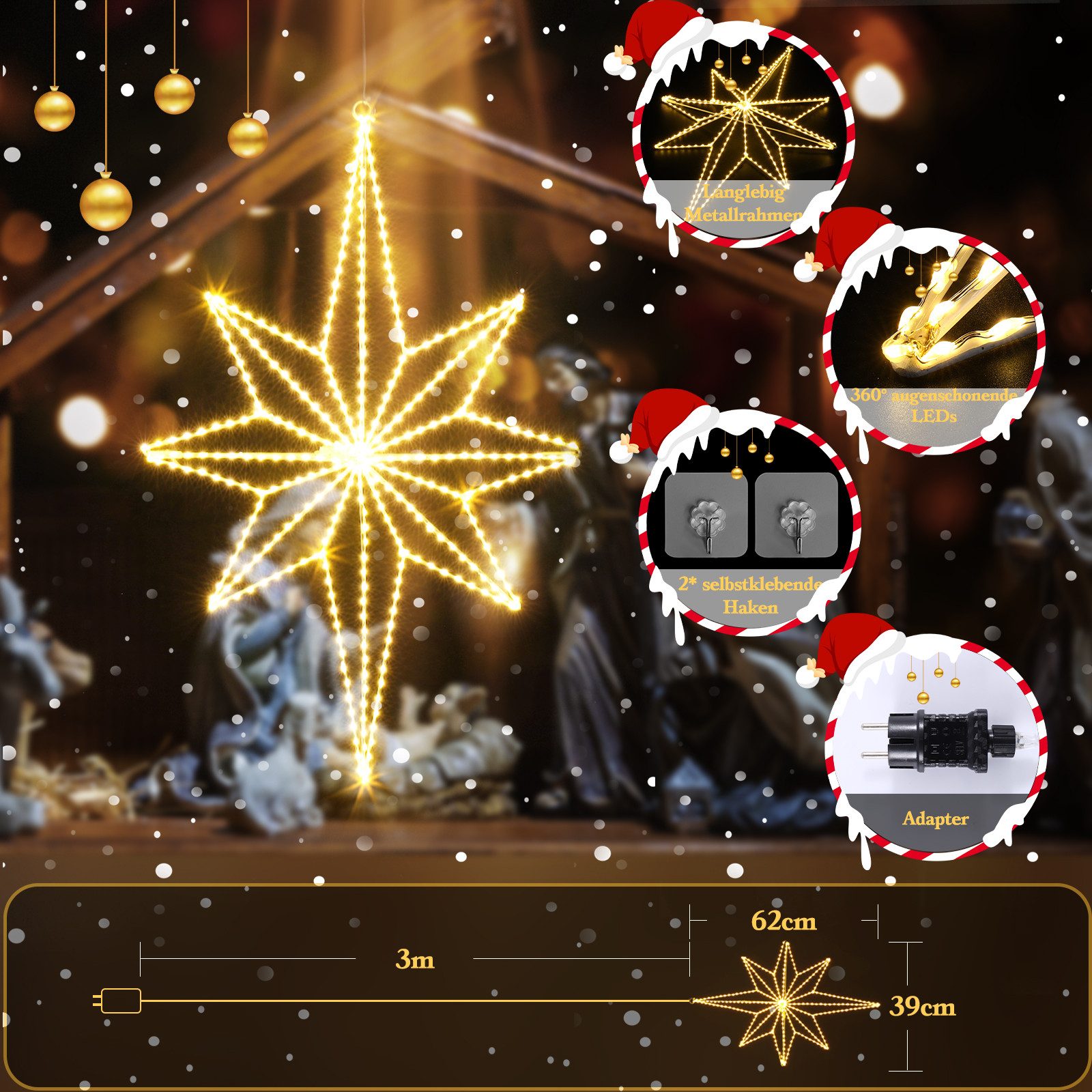 Quntis LED-Lichterkette LED Stern Fensterdeko, Warmweiß weihnachtsdeko, Faltbar, mit 3m Kabel, 62×39cm Bethlehemstern, 360 LEDs, IP20, inkl. Haken & Kabelbinder – Bild 4 von 5