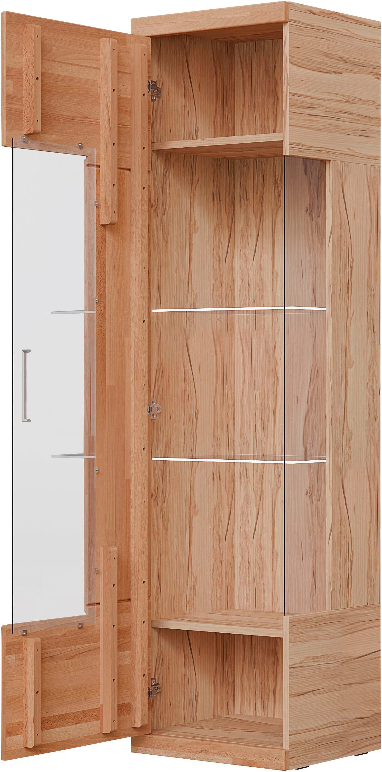 OTTO home Vitrine Ribe,180cm hoch,5 Fächer,2 Glasböden variabel einsetzbar Korpus aus Holzwerkstoff,dunkles gehärtetes Glas, Metall Griffe