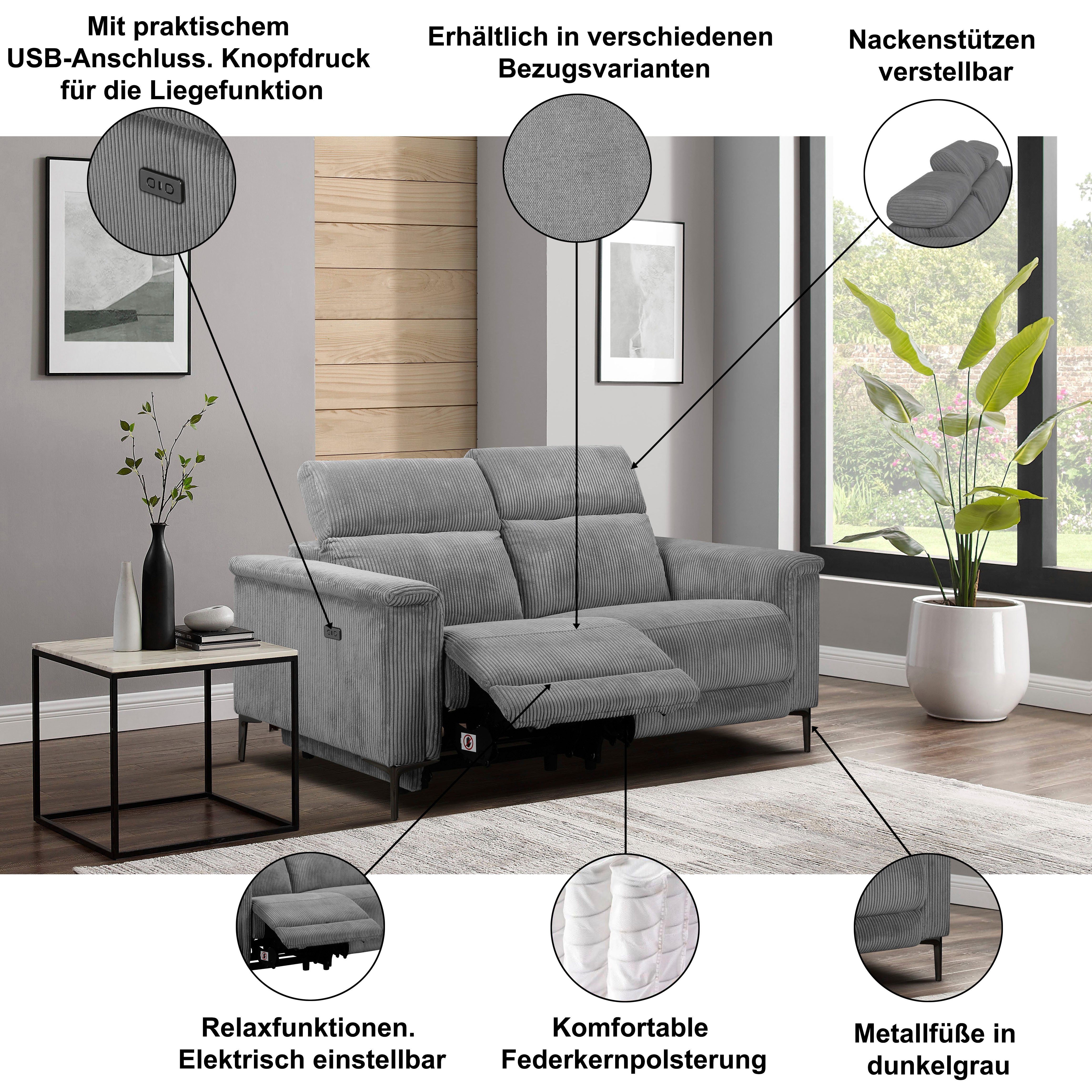 OTTO home 2-Sitzer LUND, 160 cm, mit Relaxfunktion und Kopfteilverstellung, manuell od. elektrisch (m.USB-C), Echtleder, Kunstleder, Webstoff