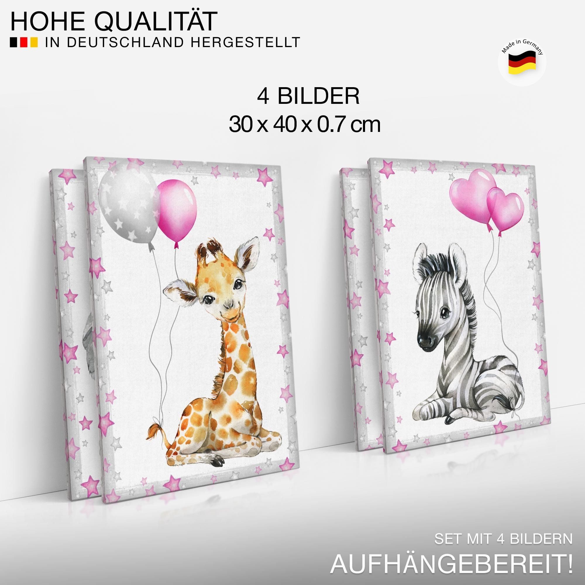 Novart Wandbild Kinderzimmer Wandbilder Set Tiere - 4 Bilder 30x40 cm Aufhängfertig, Pink