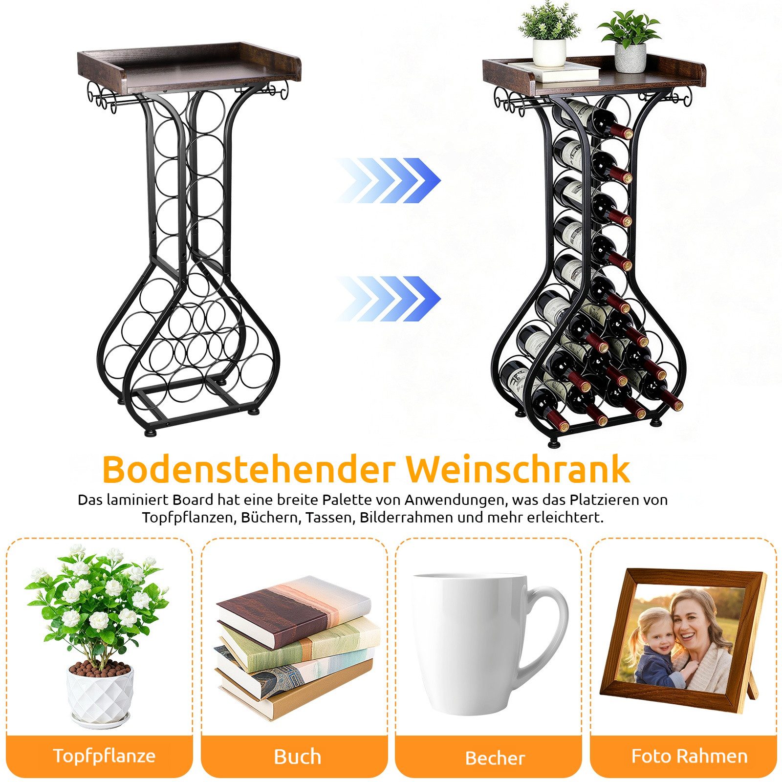 BlingBin Weinregal Freistehendes Metall Weinregal mit Holzplatte, Weinständer, 1er Set 1-tlg., für 14 Flaschen und 4 Weingläser, Vintage Design für Küche & Haus – Bild 4 von 5