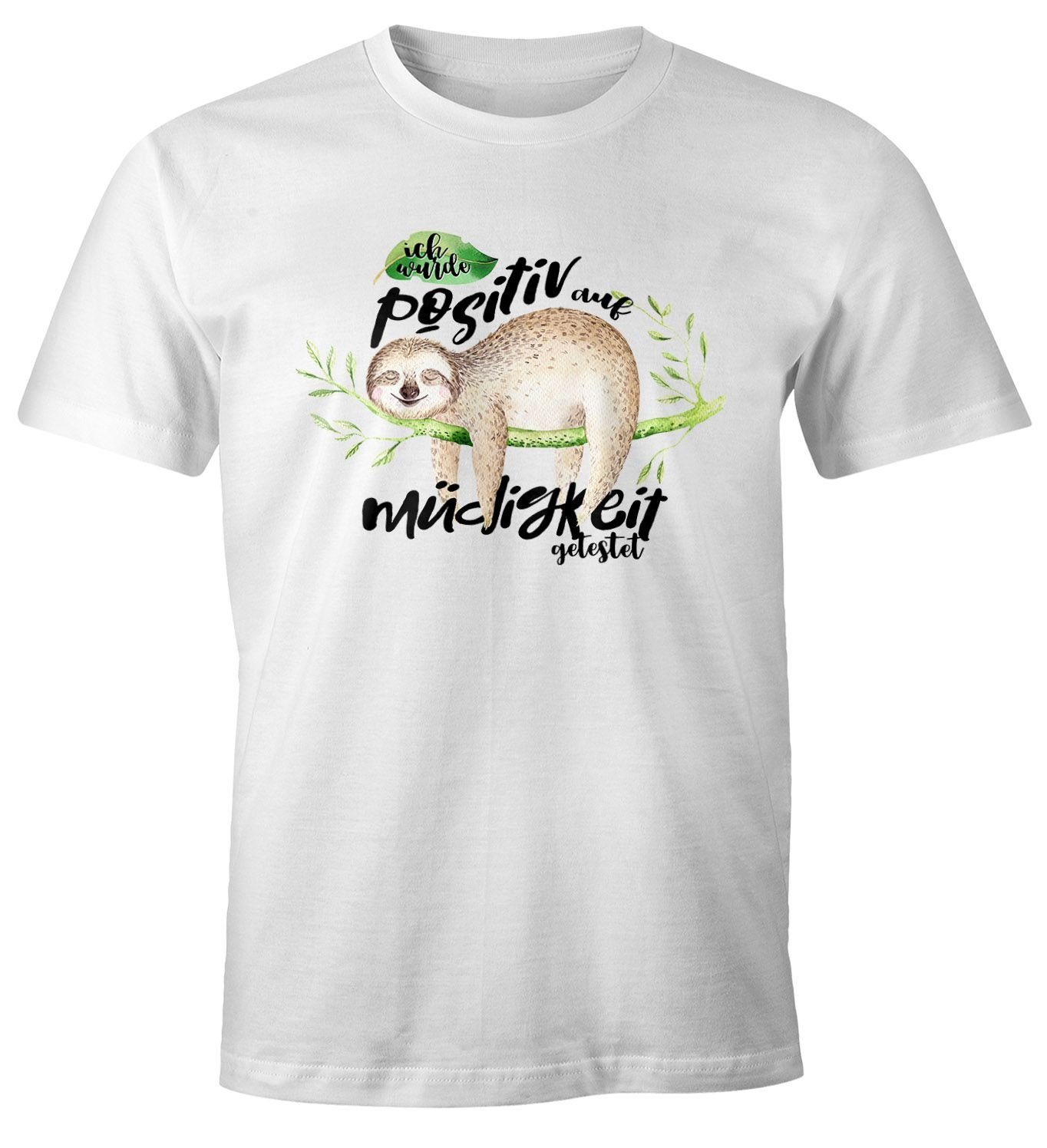 MoonWorks Print-Shirt Herren T-Shirt Faultier Ich wurde positiv auf Müdigkeit getestet Sloth Fun-Shirt lustig Faulenzer Langschläfer Moonworks® mit Print weiß