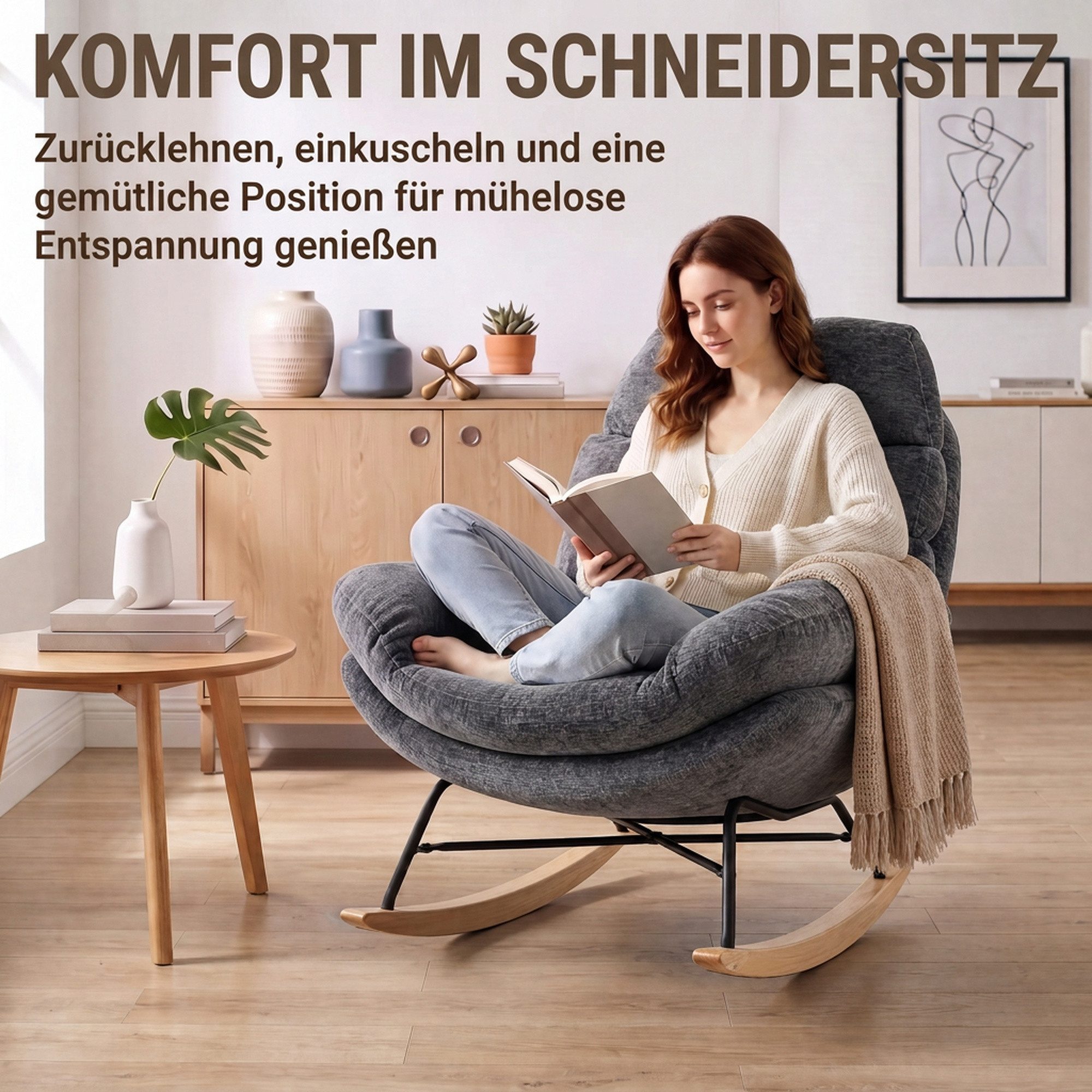 HOMCOM Schaukelstuhl Schaukelsessel mit Rückenlehne, Gepolstert Relaxsessel Lesesessel (Set, 1 St), Schneidersitz-Design, 105° Schaukelbewegung – Bild 4 von 5