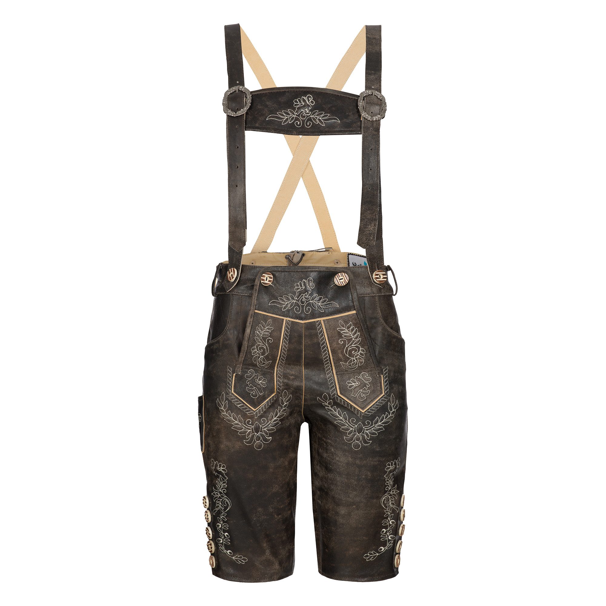 BOHMBERG Trachtenlederhose Damen Lederhose knielang Echtleder Antik Braun mit Hosenträgern