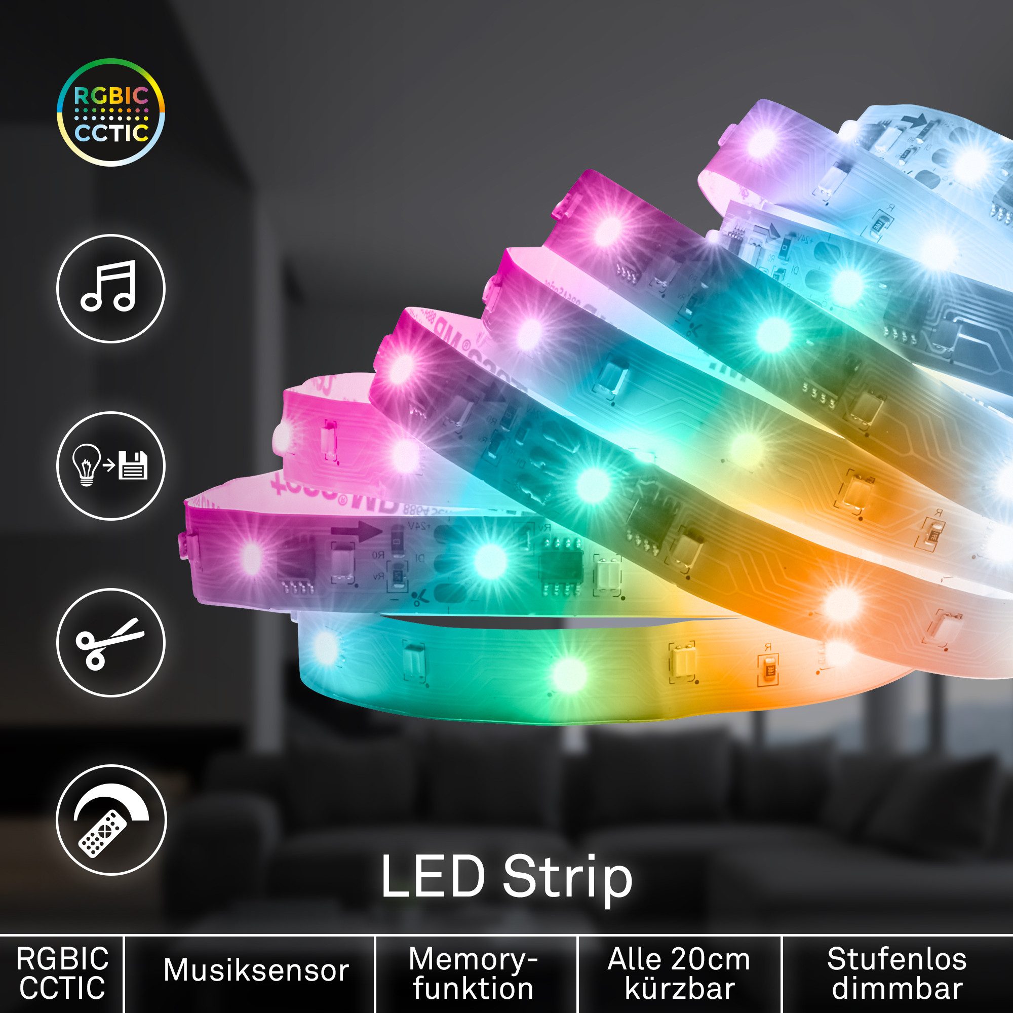Briloner Leuchten LED-Streifen LED Strip CCTIC RGB IC Farbwechsel Fernbedienung Musiksensor, 1-flammig, 10 m, Wohnzimmer, Party, Gaming