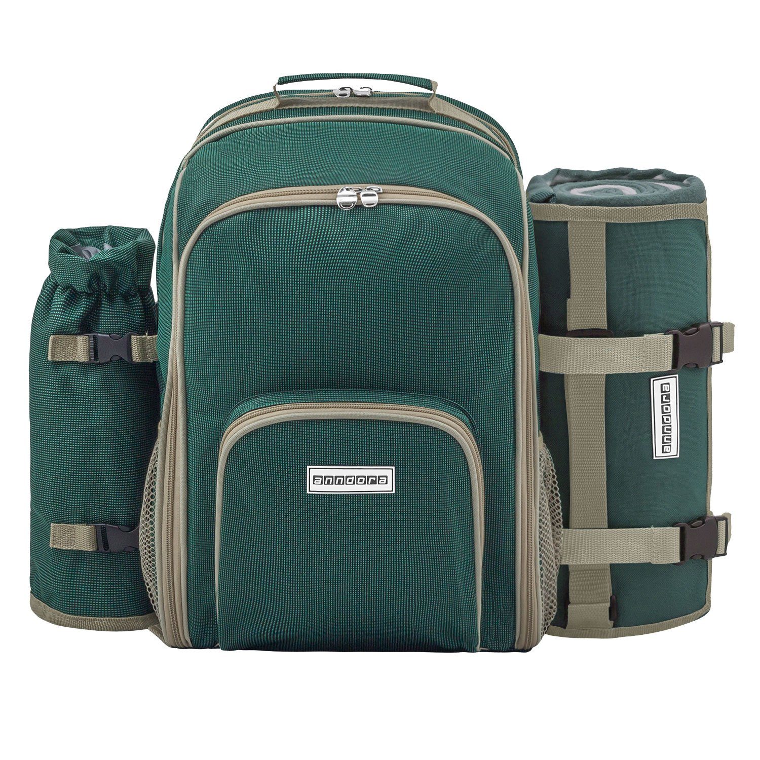 anndora Picknickkorb Picknickrucksack + Zubehör 15 teilig für 2 Personen, für 2 Personen - mit isoliertem Hauptfach - mit Picknickdecke
