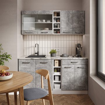 Livinity® Küchenzeile R-Line, Beton/Weiß, 160 cm, AP Anthrazit