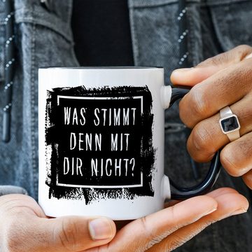 GRAVURZEILE Tasse mit Spruch - "Was stimmt denn mit Dir nicht?", Keramik, Farbe: Schwarz & Weiß