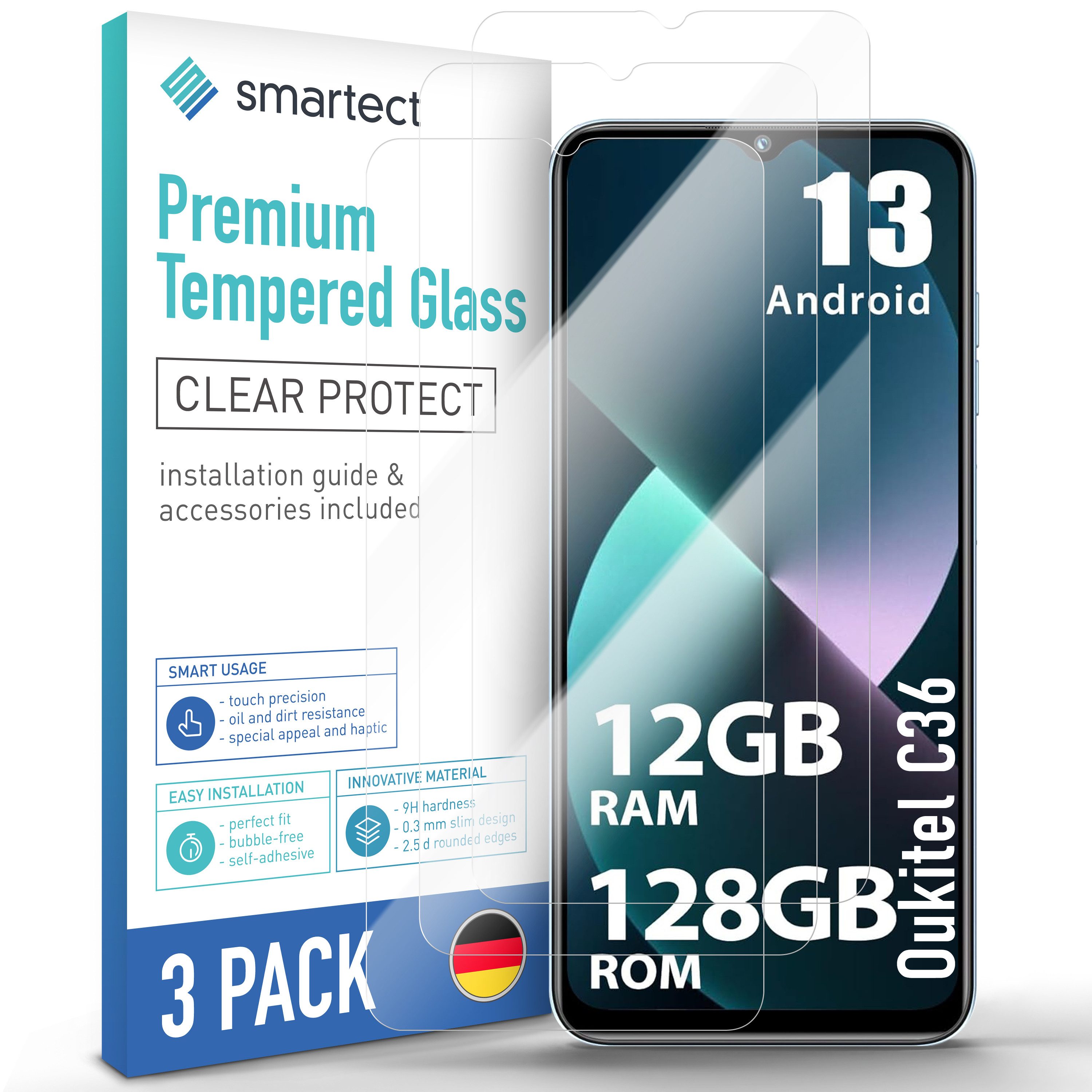 smartect Displayschutzglas Schutzglas Panzerfolie Klar für Oukitel C36, Set, 3 Stück, Schutzfolie Glasschutz Bildschirm