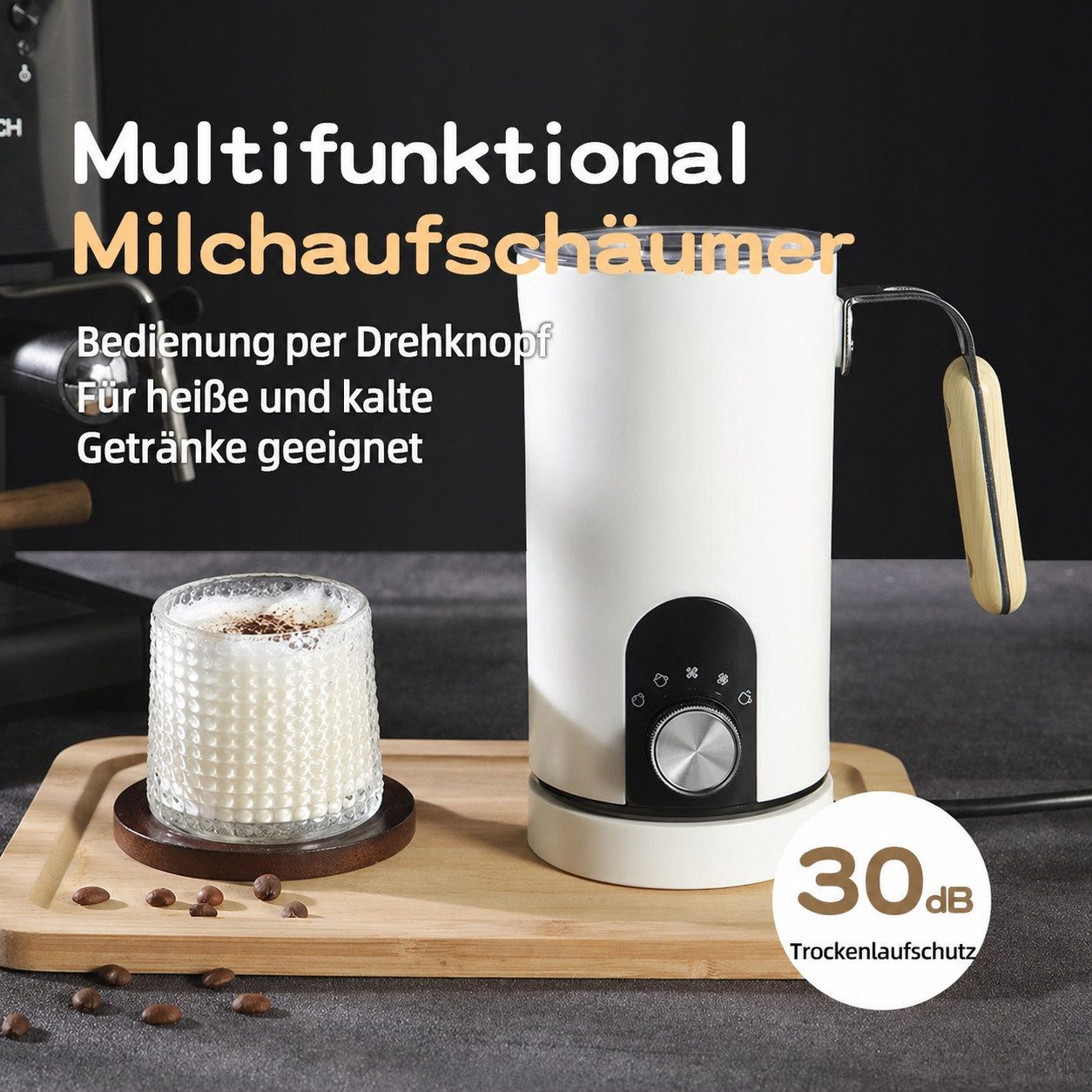 BBG Milchaufschäumer Elektrischer Milchaufschäumer mit Drehknopf, 5 Modi, Heiß & Kalt, 500 W, 350ml Milch erhitzen, 150ml Milchschaum, Leise 30dB
