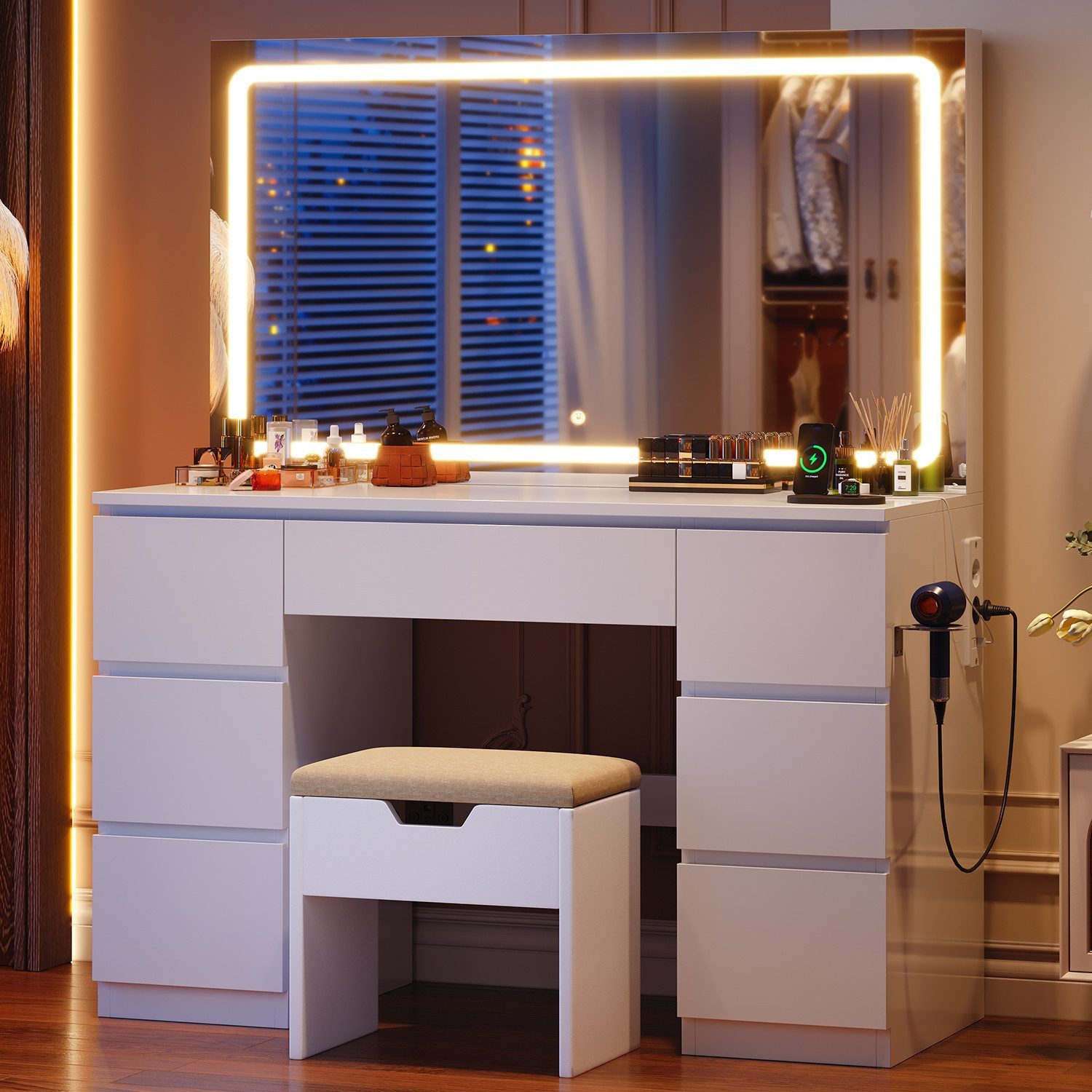 HOMALL Schminktisch Extra großer LED-Schminkspiegel mit Frisiertisch und Stuhl im Set (Kinderschminktisch 115 × 40 × 139 cm, 7 Schubladen, mit integrierter Steckdose + USB-/Typ-C-Anschluss, Föhnhalterung, Schminktisch- und Stuhl-Set optional erhältlich, s
