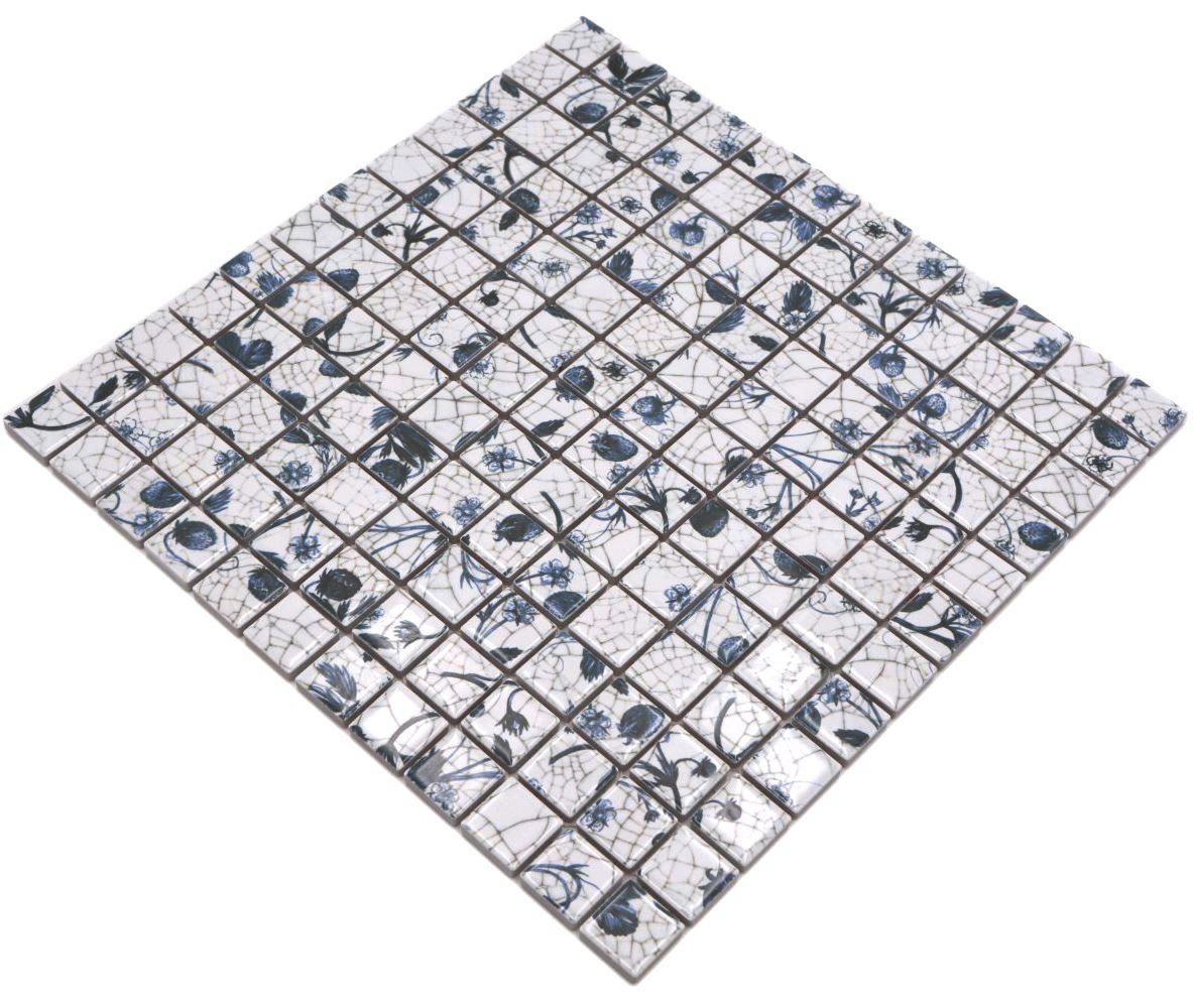 Mosani Mosaikfliesen Keramik Mosaik Retro Vintage weiß blaue Blume Mosaikfliese Küche
