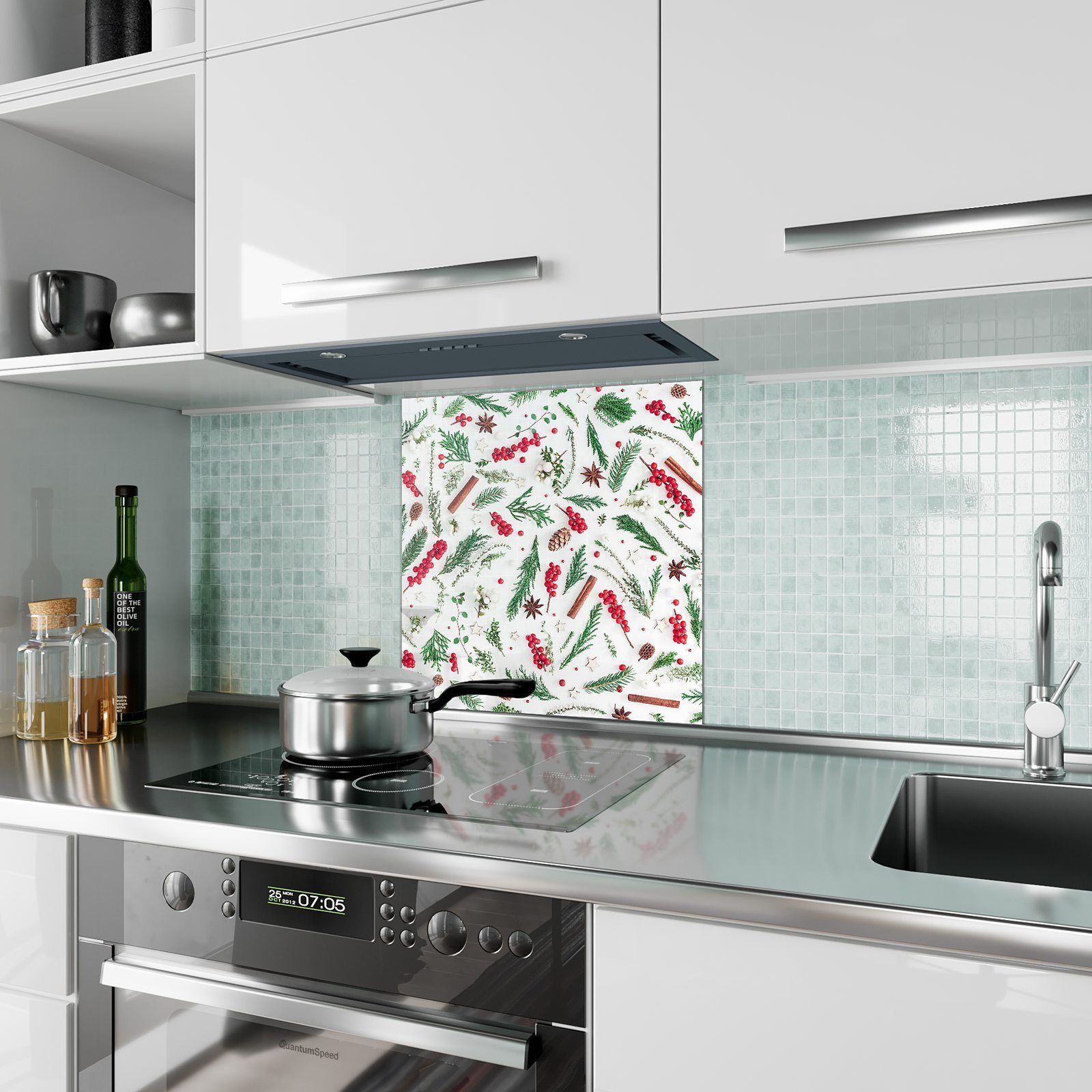 Spritzschutz Primedeco auf Hintergrund Küchenrückwand Glas mit Motiv Blätter Küchenrückwand