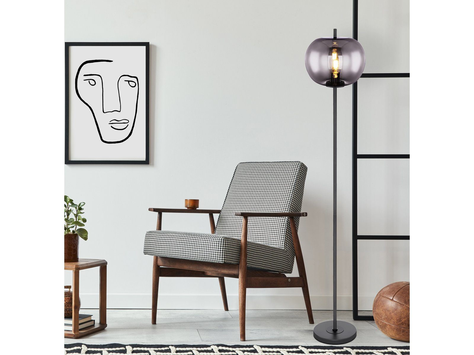 GLOBO LIGHTING LED Stehlampe, Leuchtmittel stufenweise über Fußschalter dimmbar, LED wechselbar, warmweiß, dimmbar Lampenschirm Rauch-glas Designer Glas-kugel Schwarz Höhe 160cm