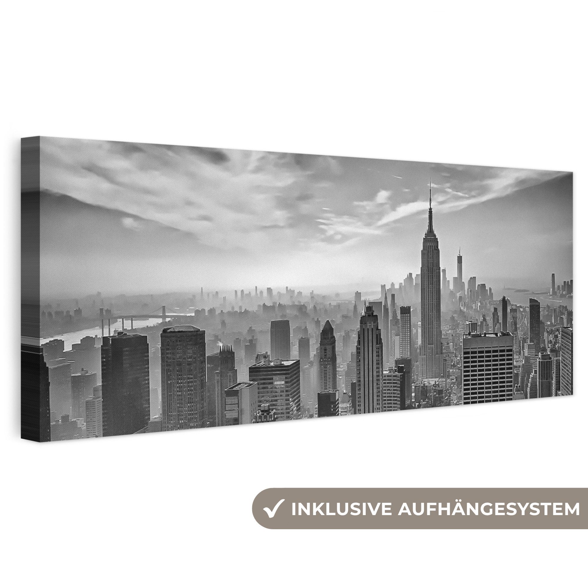 OneMillionCanvasses® Leinwandbild Panorama Architektur - Schwarz und weiß - Stadt - Skyline - New York, Fotodruck (1 St), Wandbild, Deko Schlafzimmer Wohnzimmer Flur 60x20 cm