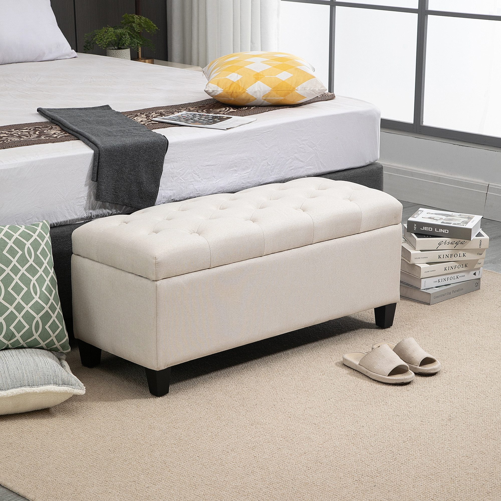 HOMCOM Sitzbank Bank mit Leinenoptik, Holzbeine für Flur (Truhenbank, 1-St., Polsterbank), Schlafzimmer, Wohnzimmer, Gummiholz, Cremeweiß, 100 x 40 x 44 cm