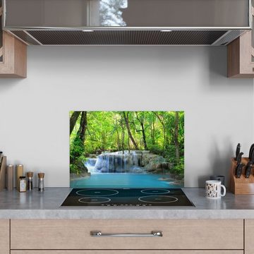 DEQORI Küchenrückwand 'Exotischer Wasserfall', Glas Spritzschutz Badrückwand Herdblende