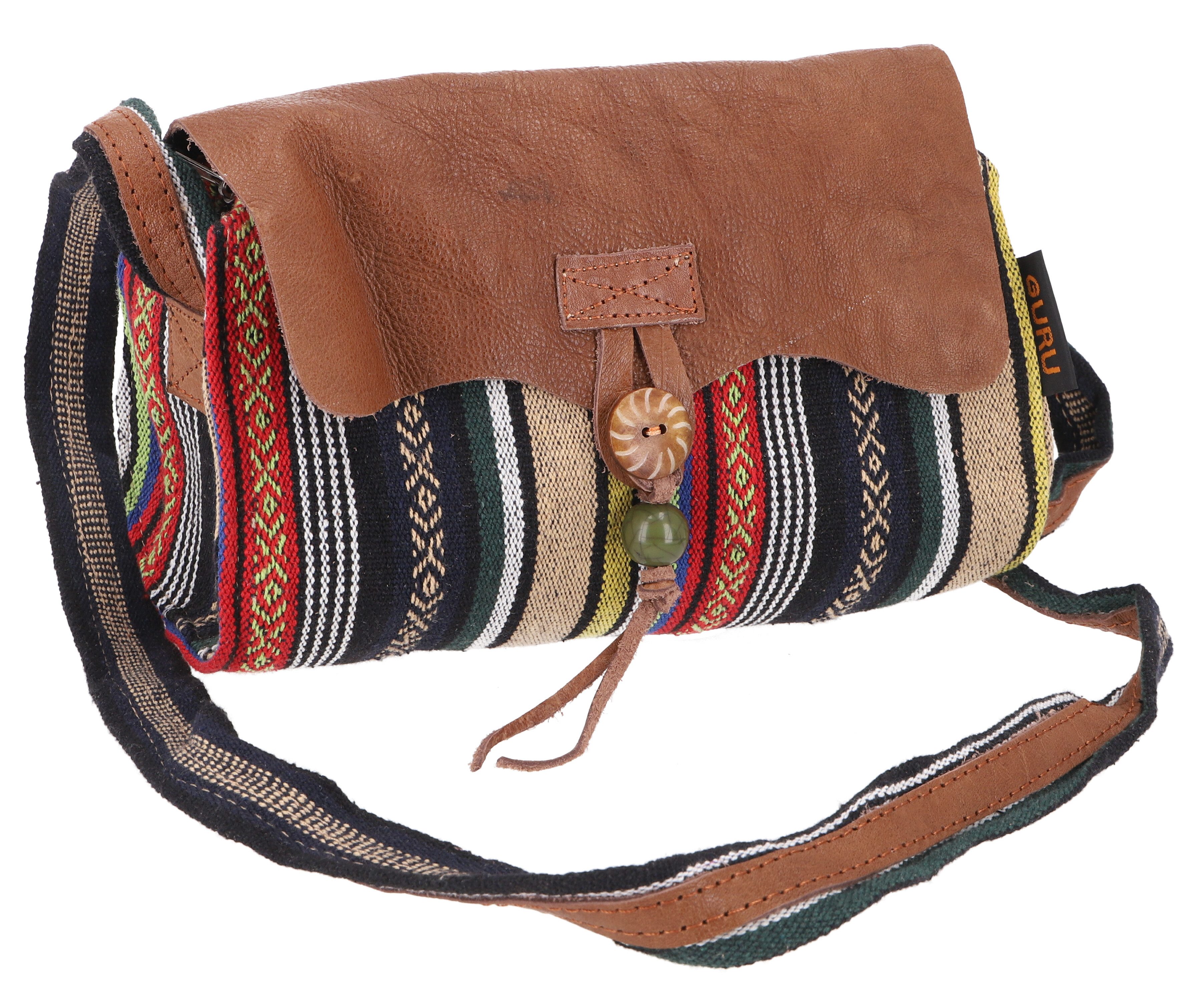Guru-Shop Schultertasche Ethno Schultertasche mit Leder, Nepaltasche -..