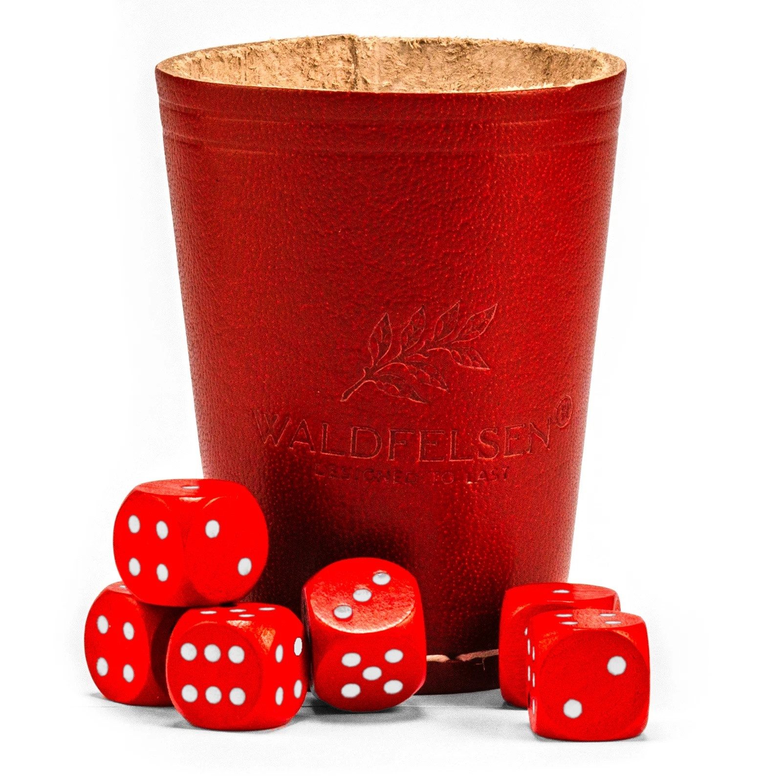Waldfelsen Spiel – Echtleder Würfelbecher (9 cm) mit 6 Würfeln (16 mm) aus Buchenholz, Würfelspiel, Verschiedene Farben
