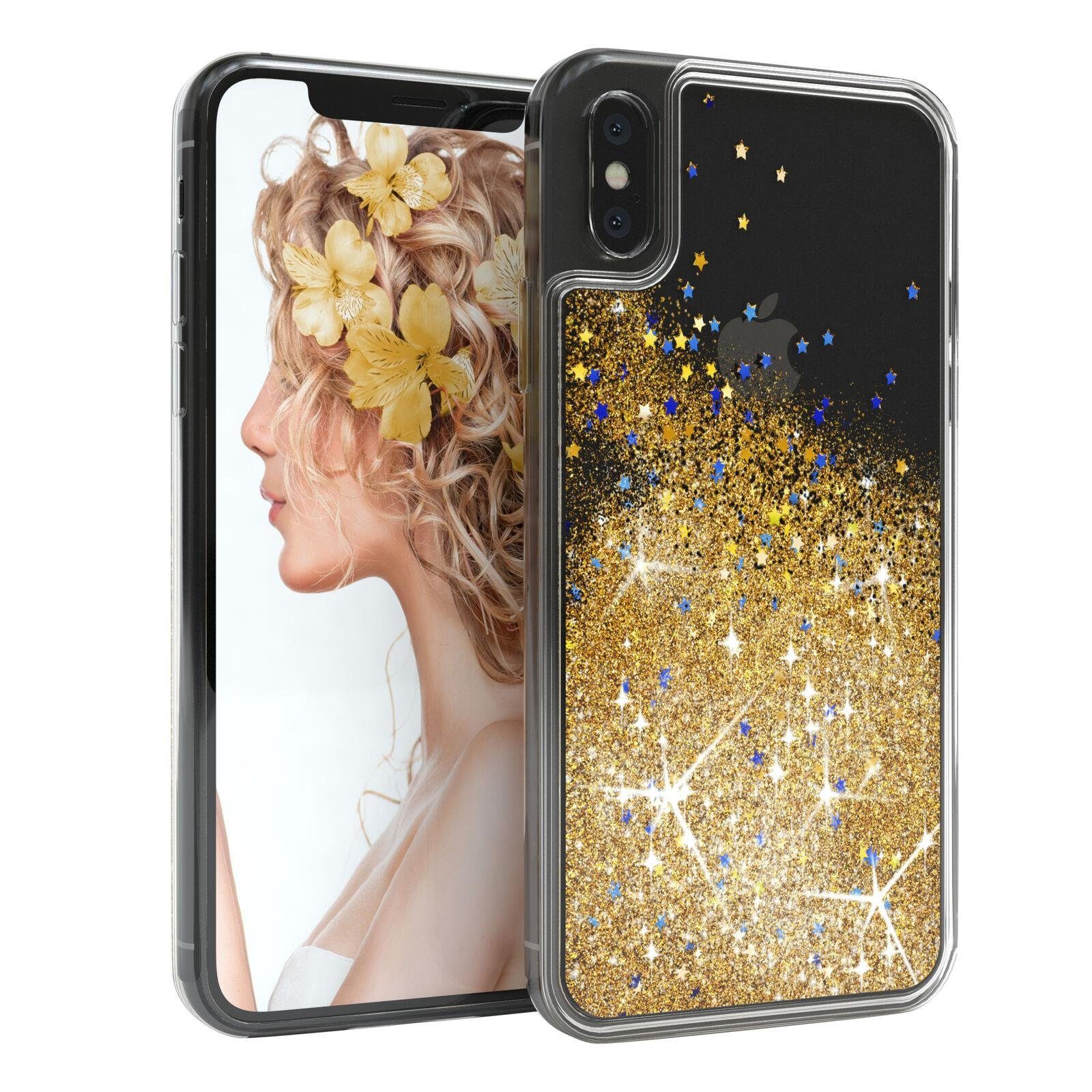 EAZY CASE Handyhülle Liquid Glittery Case für iPhone X / iPhone XS 5,8 Zoll, Durchsichtig Back Case Handy Softcase Silikonhülle Glitzer Cover Gold