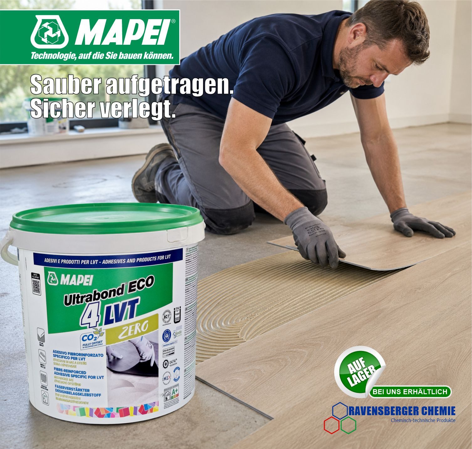 MAPEI PVC-Kleber Ultrabond Eco 4 LVT Zero Designbelagsklebstoff - 14 kg, Faserverstärkter Klebstoff für LVT, Designbeläge, SPC und PVC