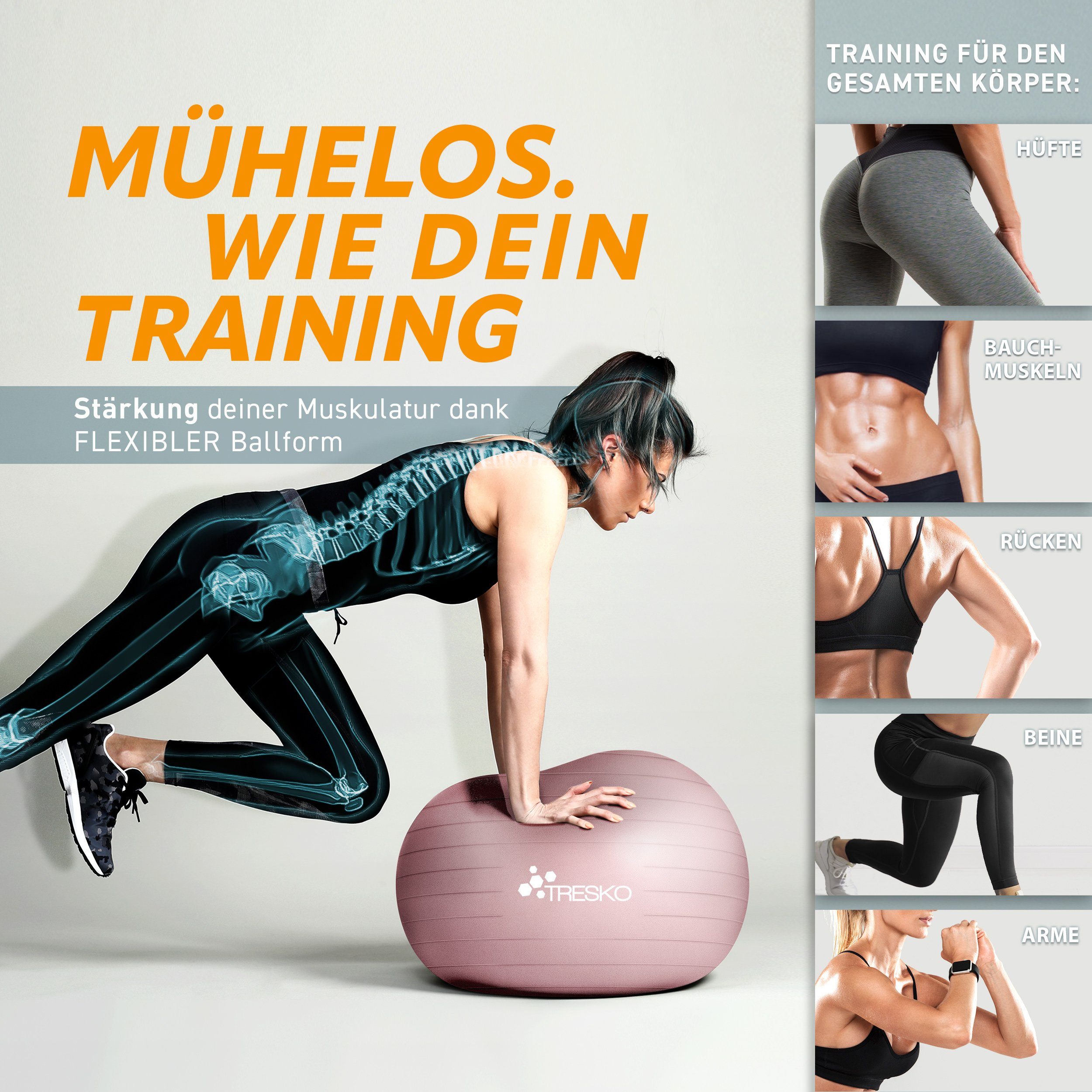 TRESKO Gymnastikball mit GRATIS Übungsposter inkl. Luftpumpe Yogaball, BPA-Frei Sitzball Büro Anti-Burst inkl. Luftpumpe, Fitnessball – Bild 4 von 5