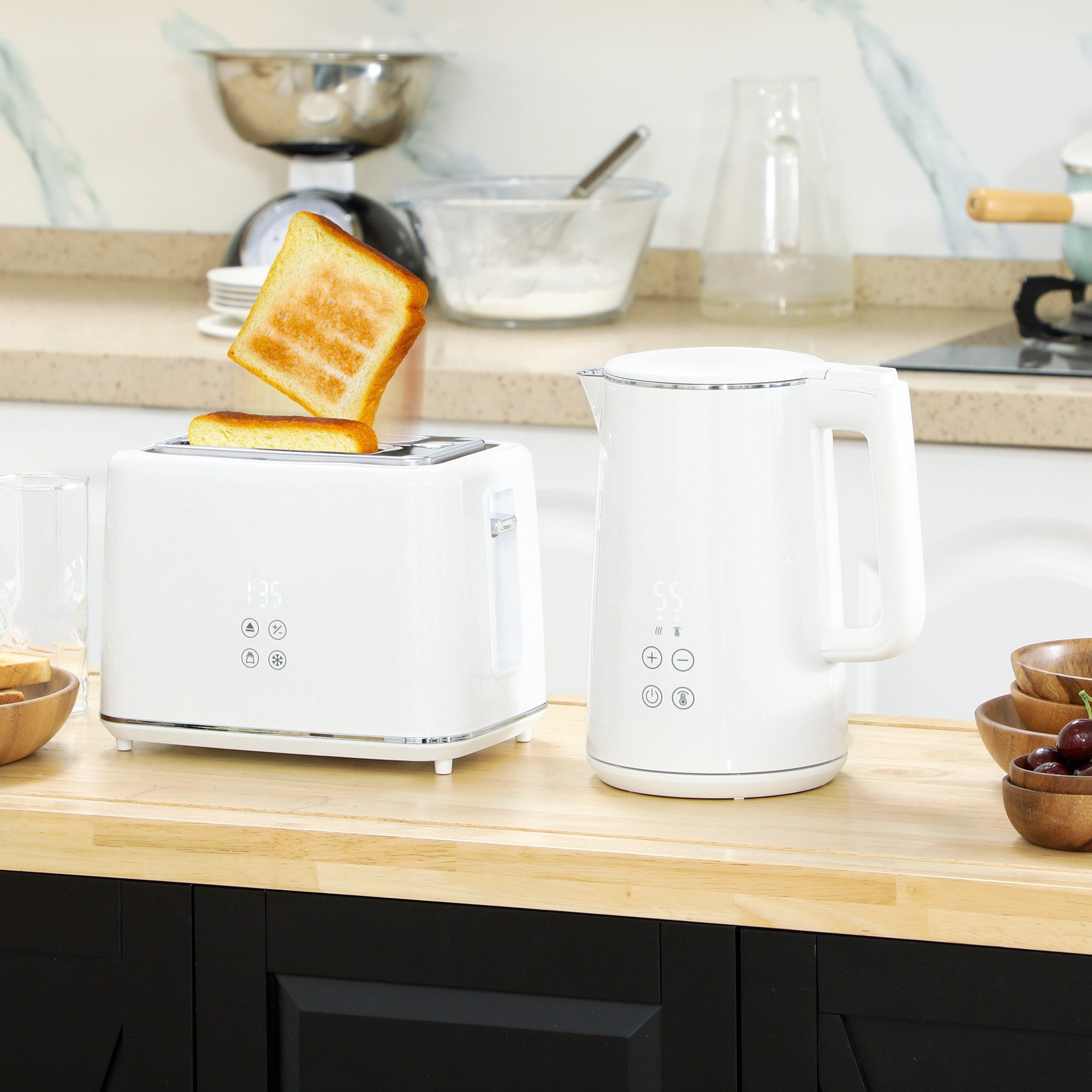 HOMCOM Toaster Wasserkocher Set Edelstahl 1,5L automatisch mit Abschaltung, 2 Schlitze, für 2 Scheiben, 2200 W, 7 Bräunungsstufen, schnelles Kochen, Weiß