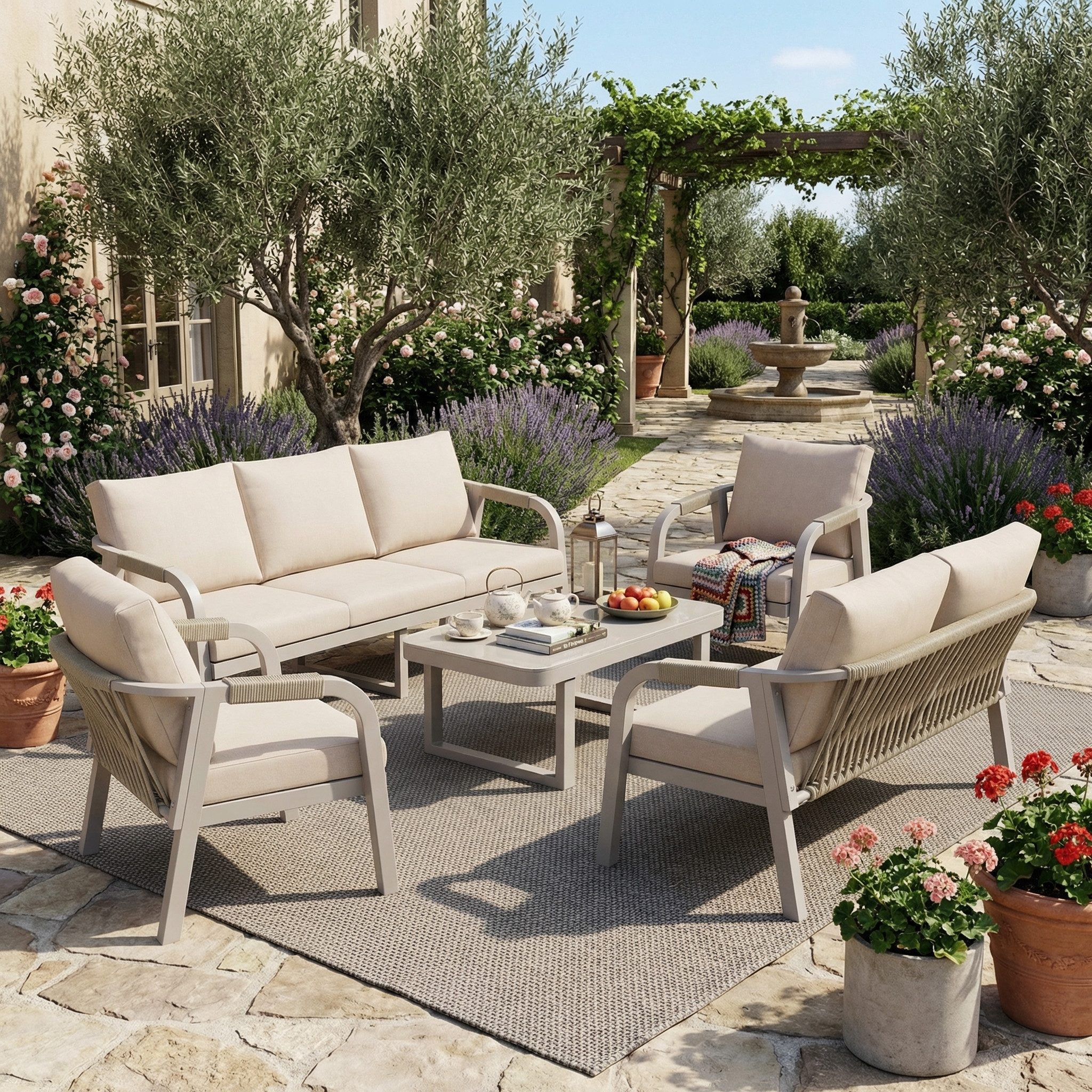 KLAM HOME Gartenlounge-Set Gartenlounge-Set für 7 Personen, 3+2 Sofa + 2 Sessel + Couchtisch, (Wetterfeste Sitzgruppe mit Seilgeflecht & verzinktem Eisenrahmen), Outdoor Garnitur mit Glas-Tischplatte für Garten, Terrasse & Balkon